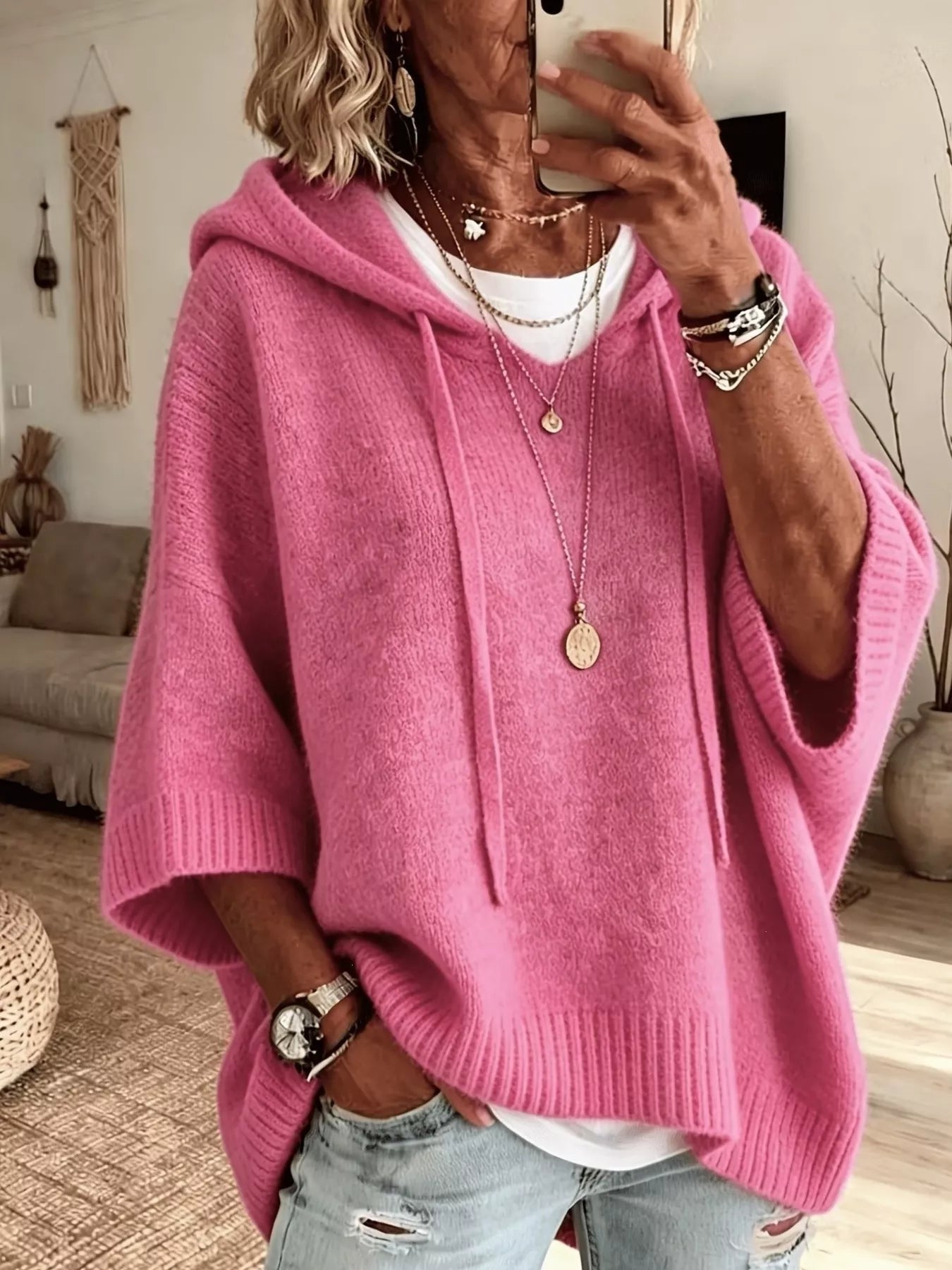 Full Size Casual Hooded Batwing Sleeve Knit Sweater Plus Size