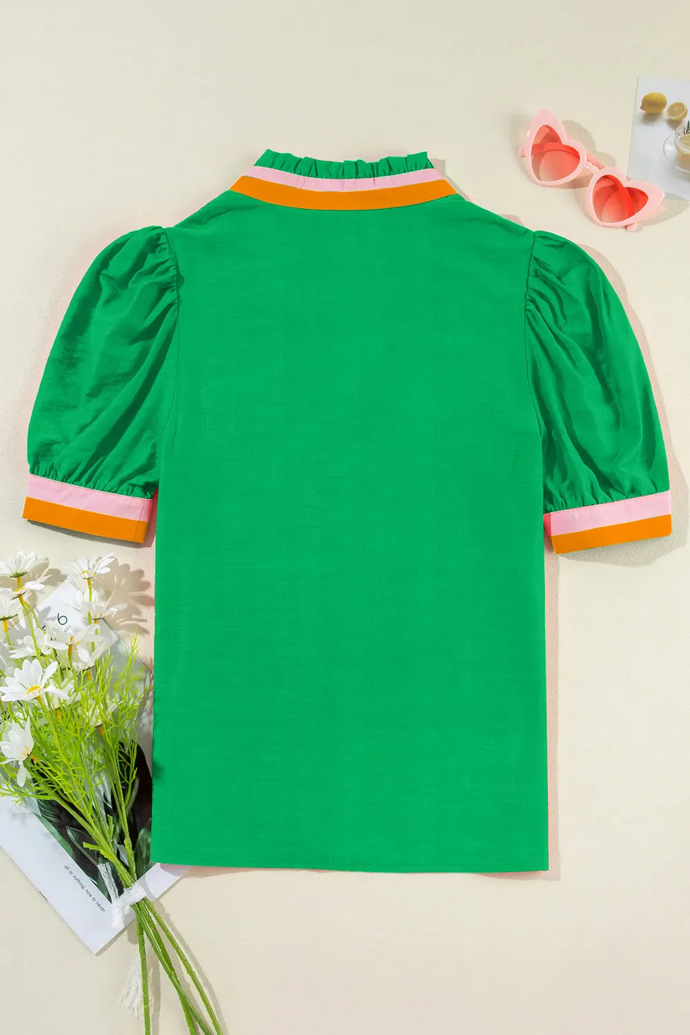 Contrast Trim Notched Short Sleeve Blouse