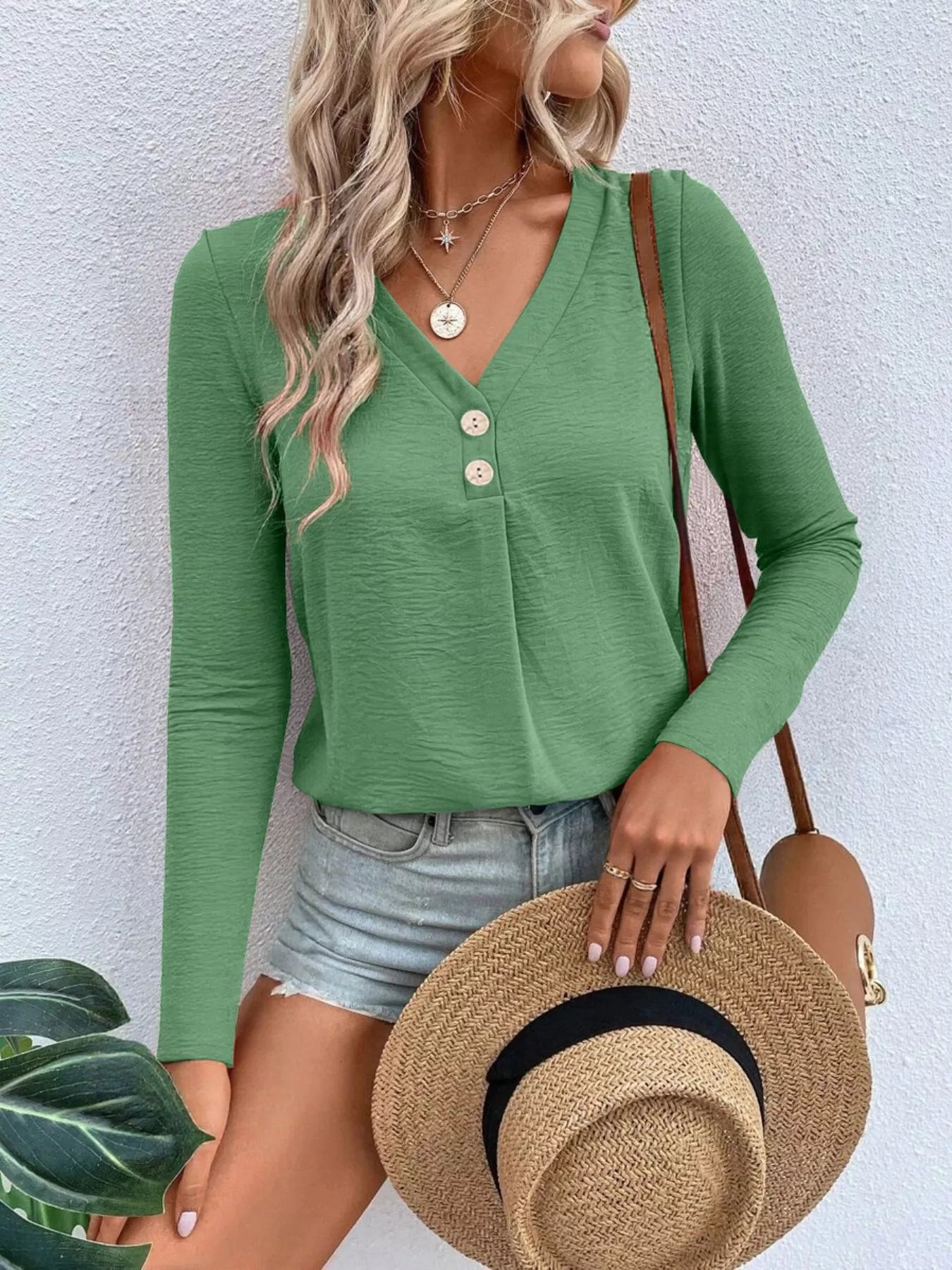 Full Size V-Neck Decor Button Long Sleeve T-Shirt Plus Size