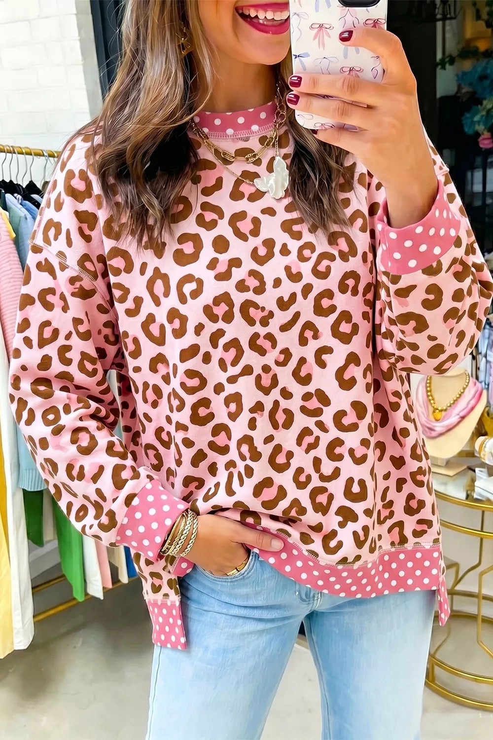 Polka Dot Contrast Trim Leopard Round Neck Sweatshirt