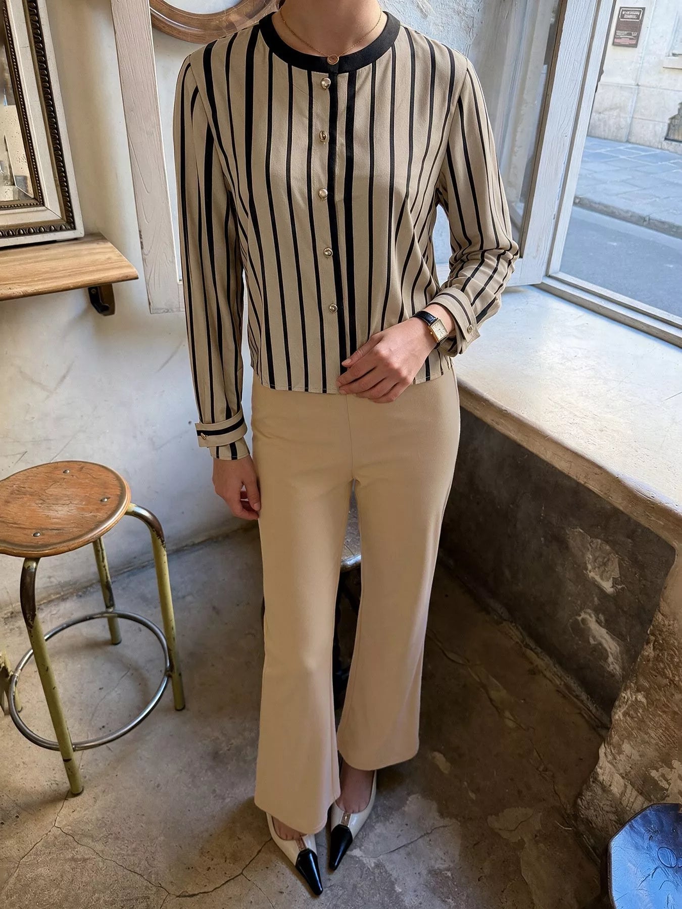 Striped Button-Down Shirt and High-Waisted Flare Pants Set