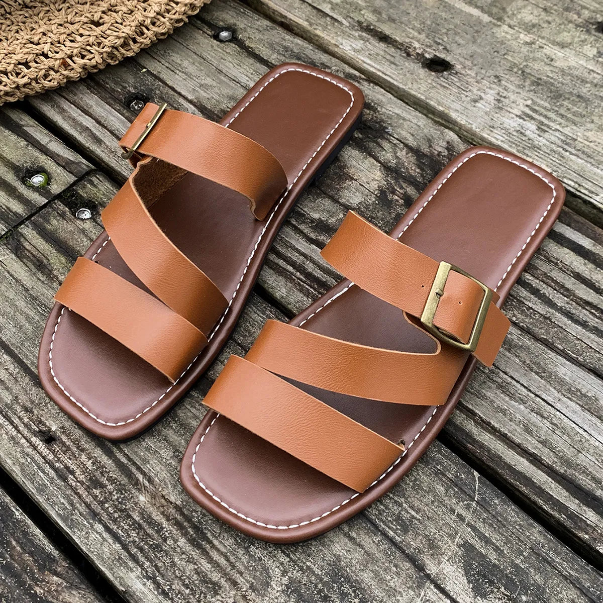 Open Toe Buckle Flat Sandals