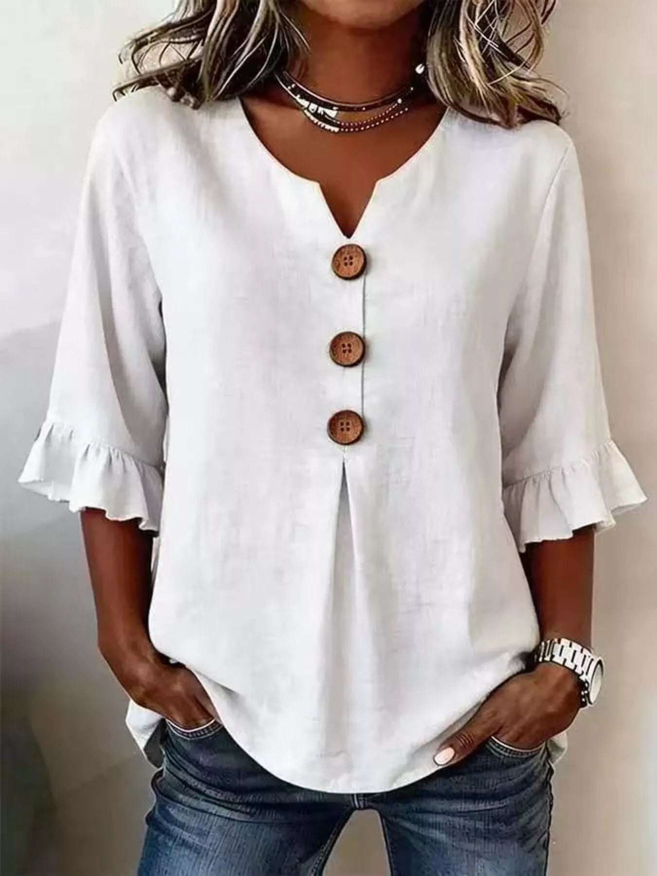 Full Size Casual Ruffle‑Sleeve Decor‑Button Top Plus Size