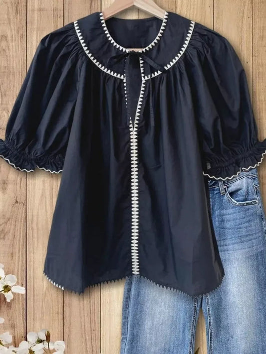 Full Size Tie Neck Short Sleeve Blouse Plus Size