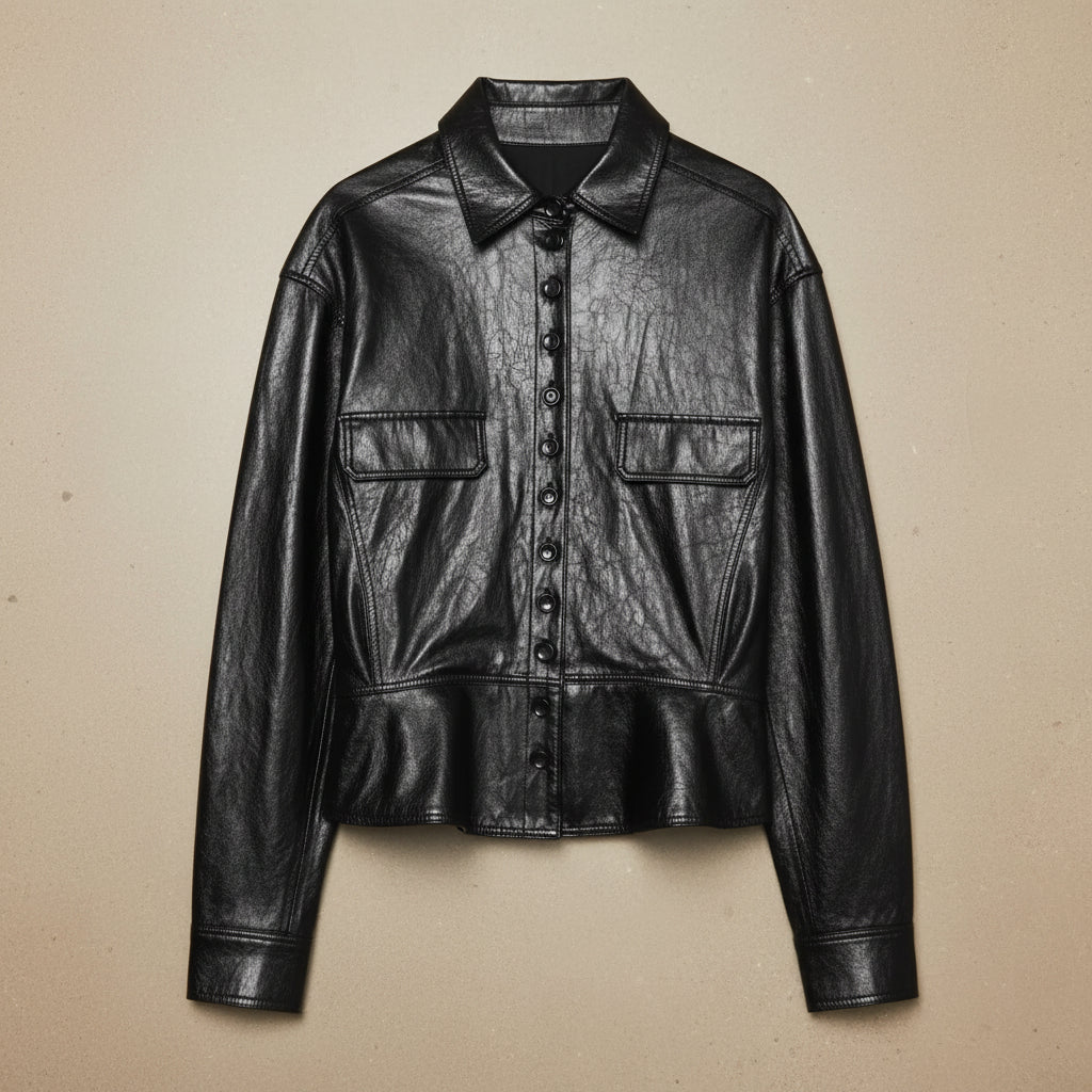 Crinkle Faux Leather Shirt Jacket with Peplum Hem