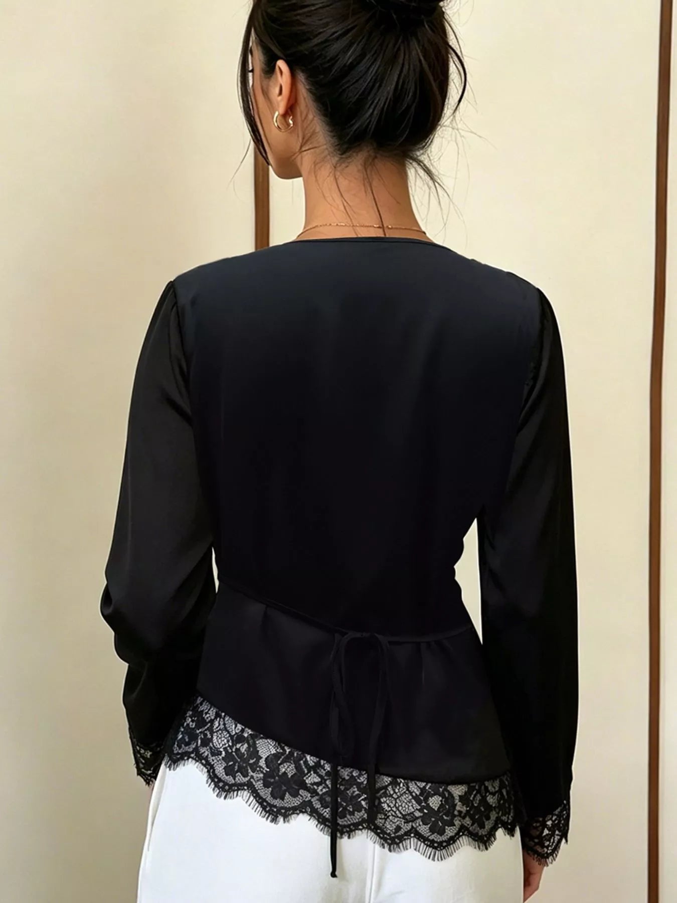 Lace Trim Cowl Neck Blouse