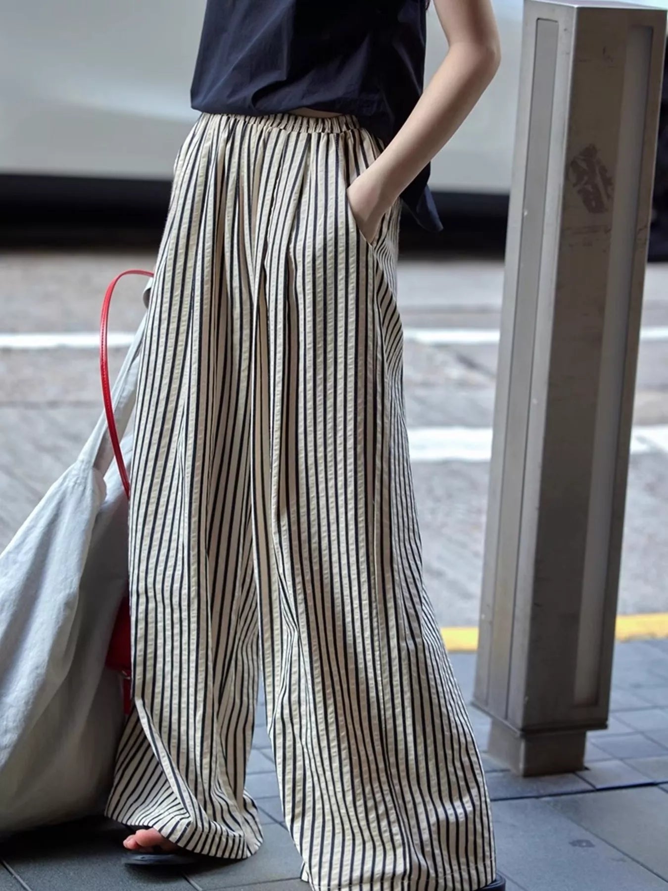 Full Size Striped Drawstring Waist Wide Leg Pants Plus Size