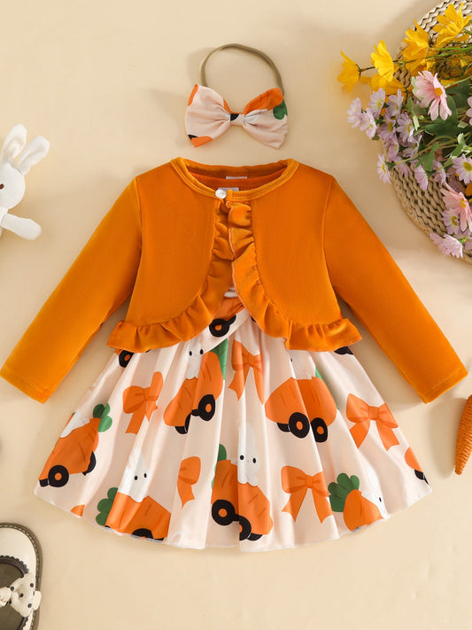 Children's Ruffled Cardigan and Bow Dress Set with Headband
