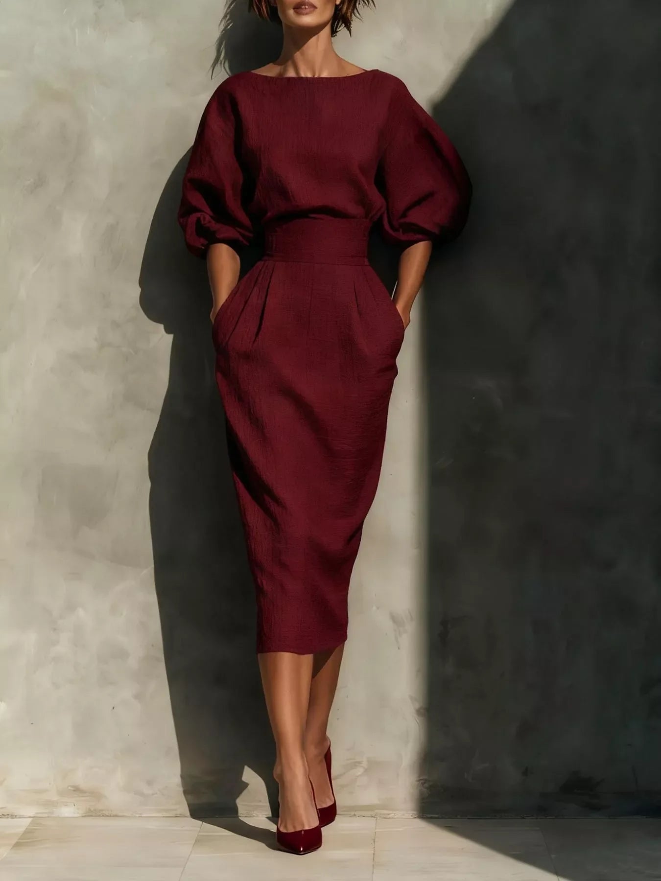 Full Size Round Neck Puff Sleeve Midi Dress Plus Size