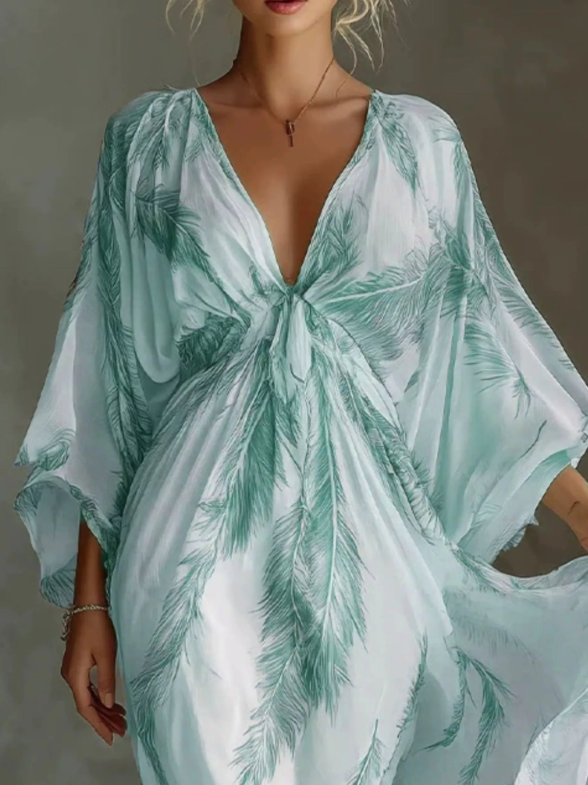 Full Size Feather Print V-Neck Flowy Maxi Dress Plus Size