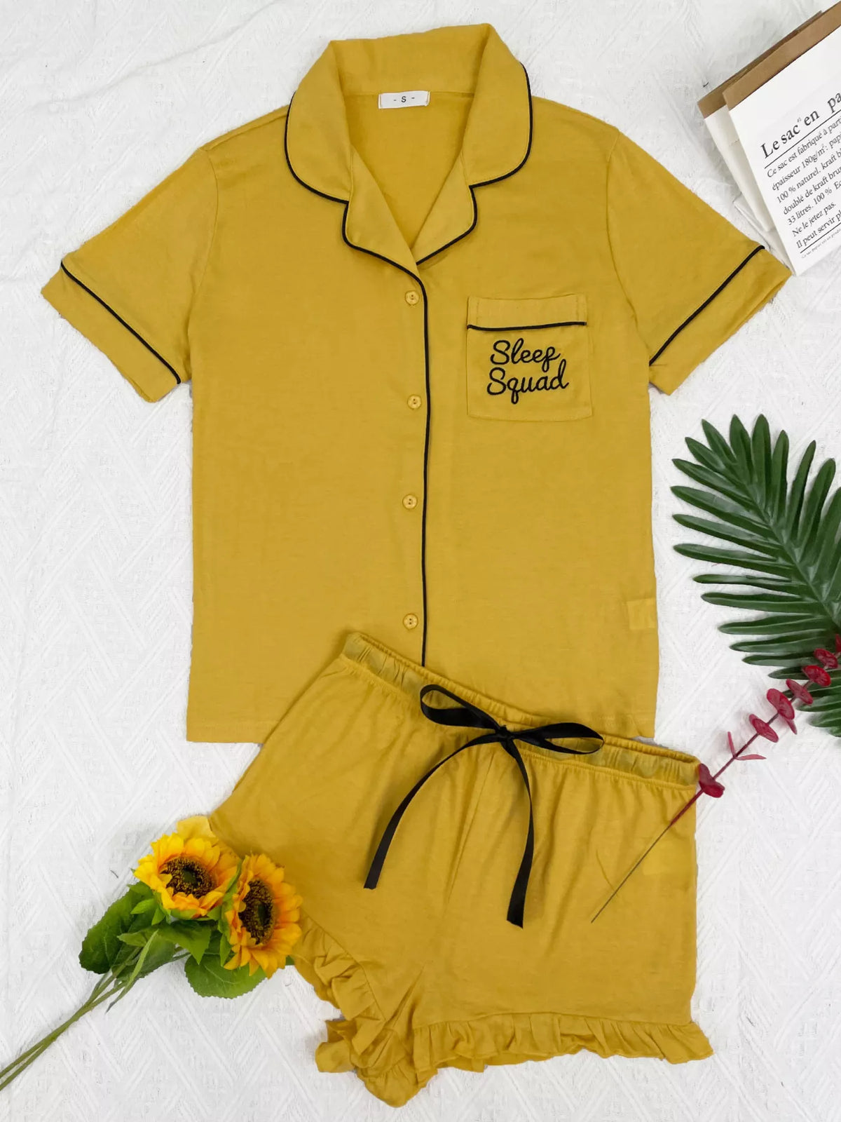 Contrast Piping Button-Down Shirt and Ruffle Shorts Lounge Set