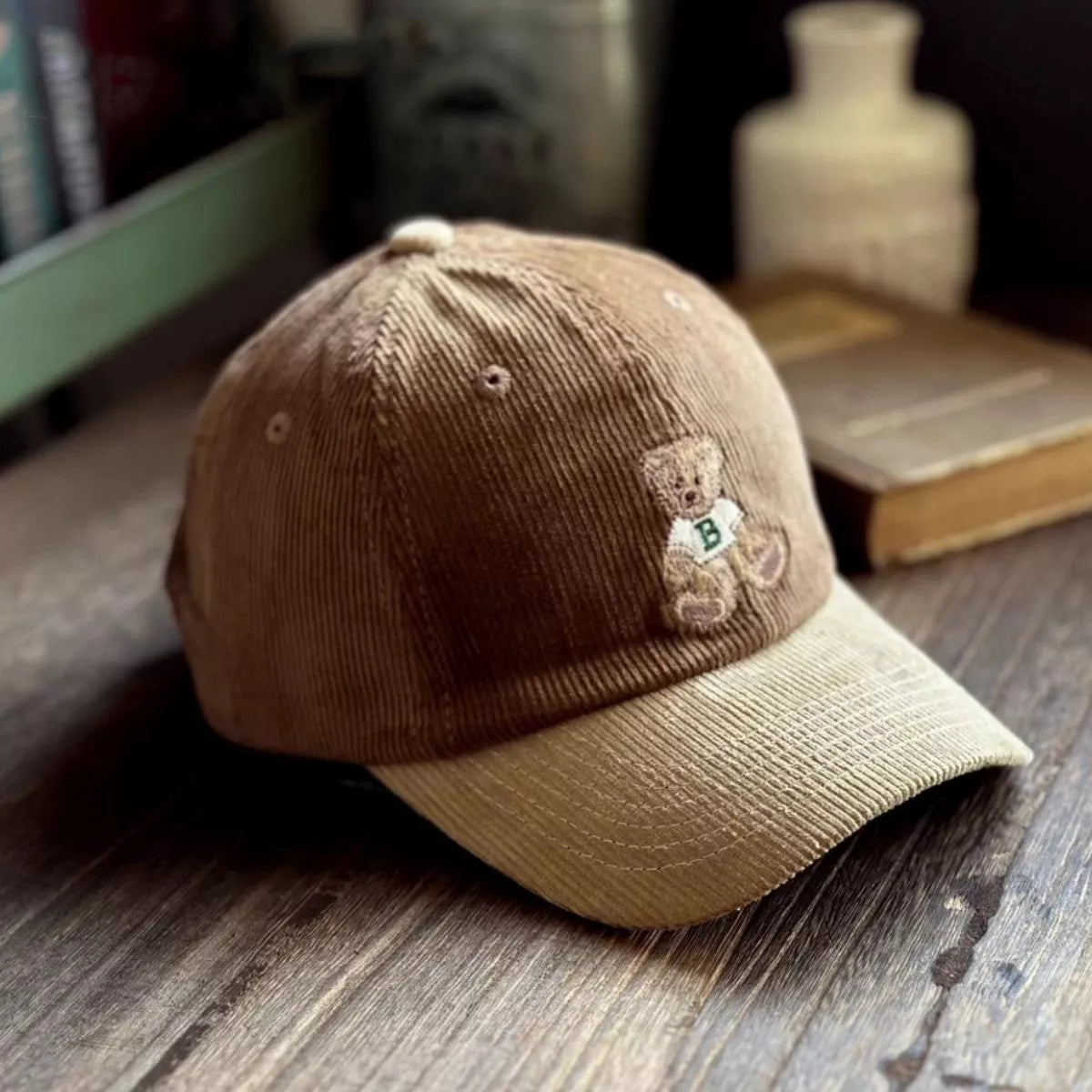 Corduroy Baseball Cap with Embroidered Bear