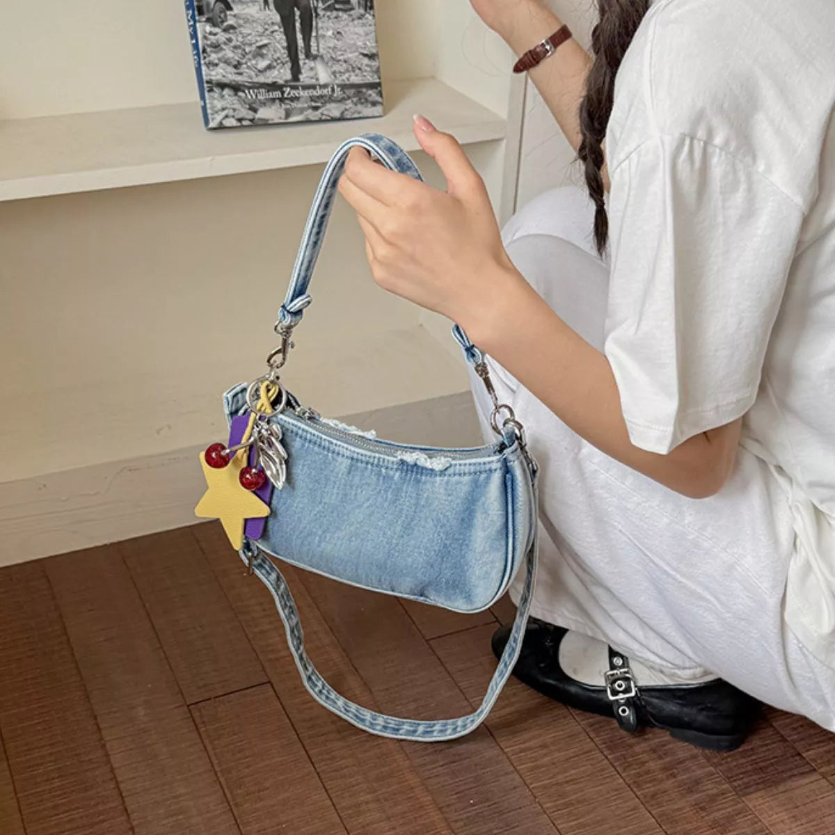 Star Charm Denim Shoulder Bag