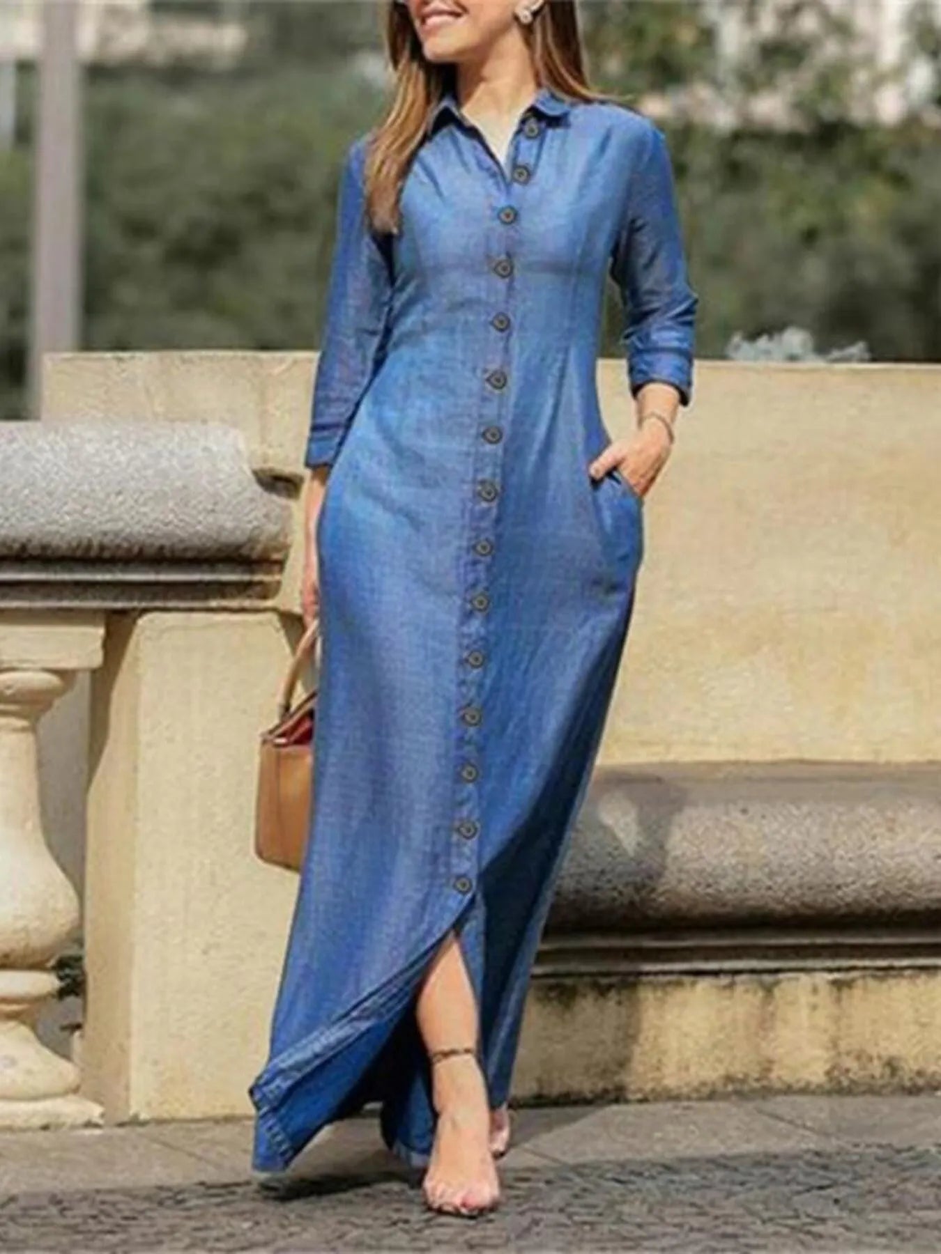 Full Size Button-Down Maxi Denim Dress Plus Size