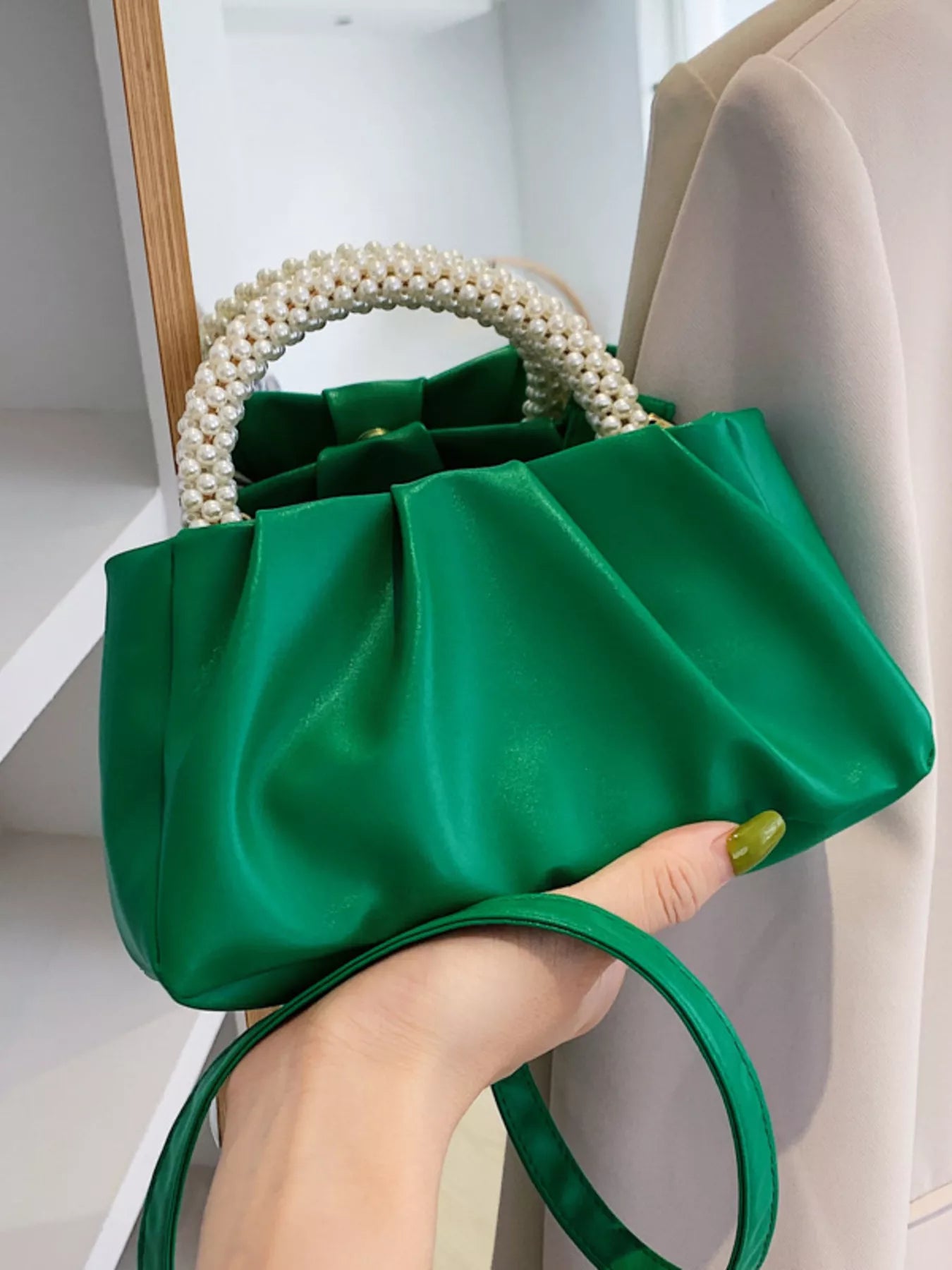 Pearl Handle Ruched Crossbody Bag