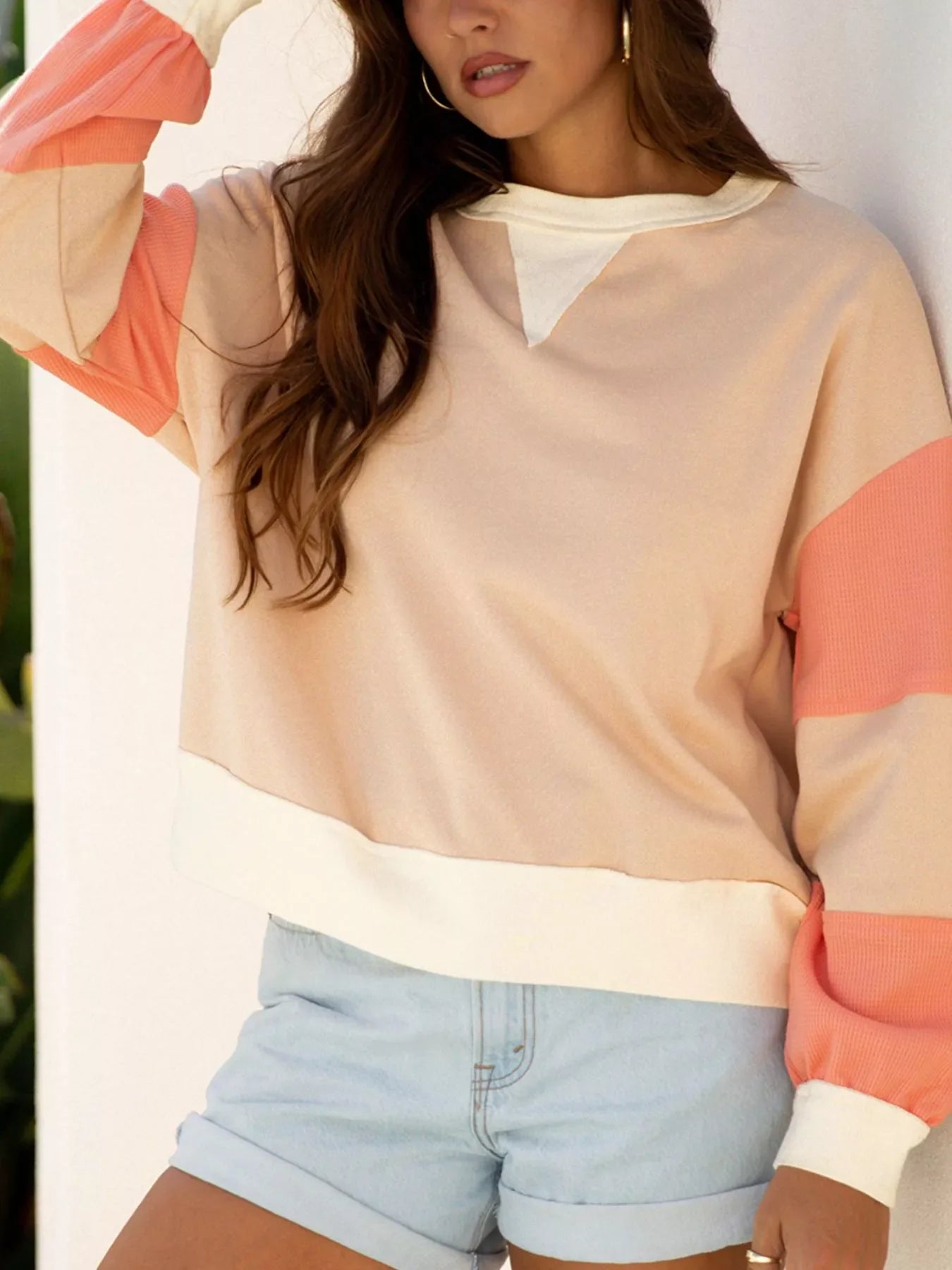 Color Block Textured Patchwork Pullover Sweatshirt