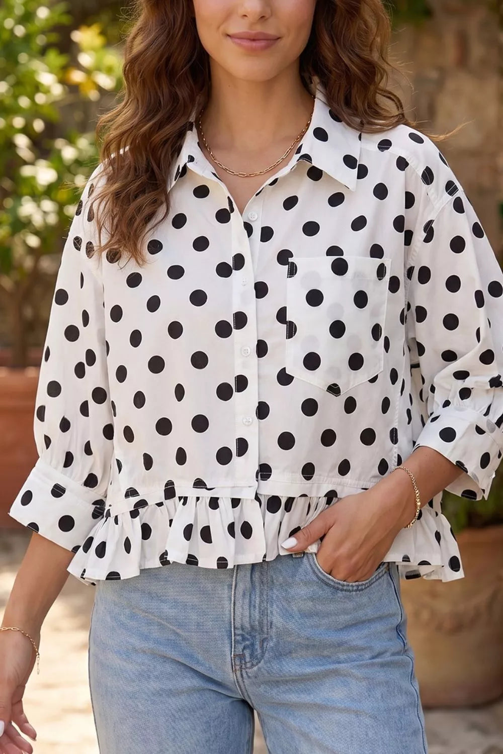 Polka Dot Print Three‑Quarter‑Sleeve Ruffle Hem Casual Shirt