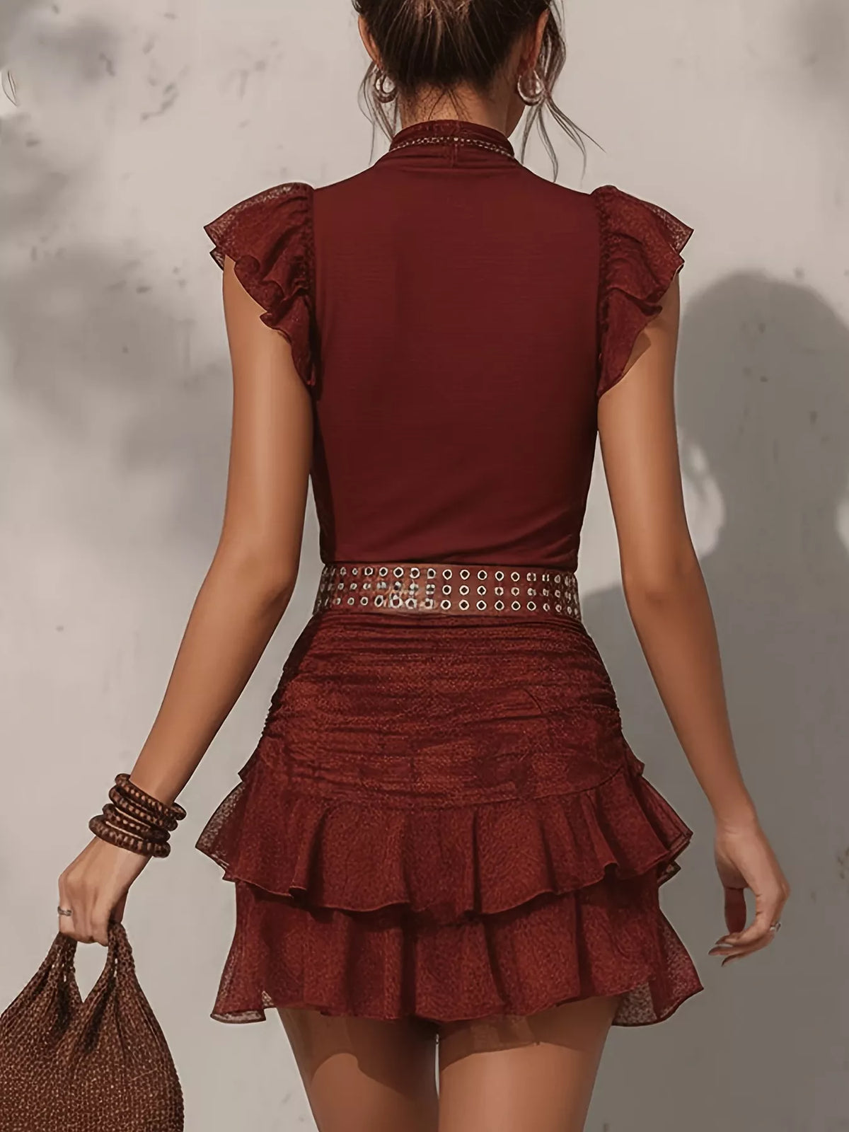 Mock Neck Ruffle Sleeve Top and Ruched Skirt Set
