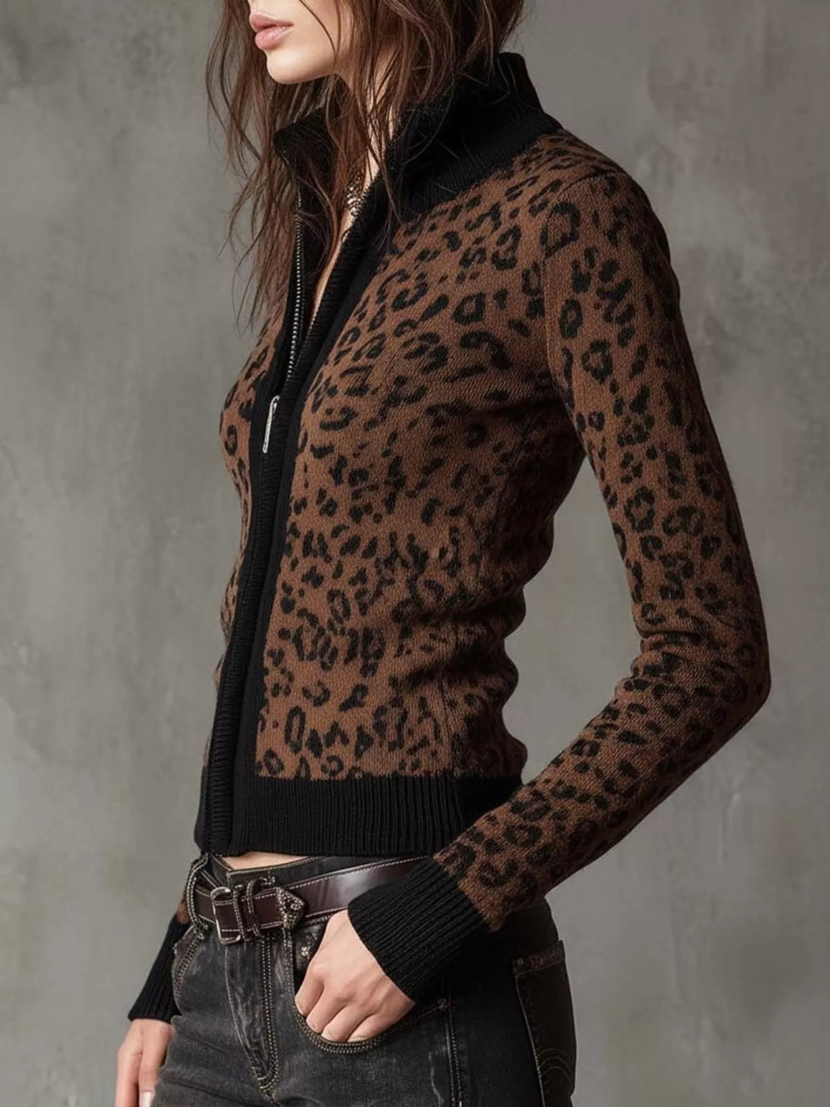 Leopard Print Knit Zip-Up Outerwear