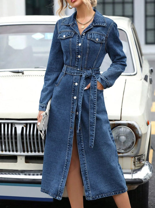 Belted Long Sleeve Denim Dress