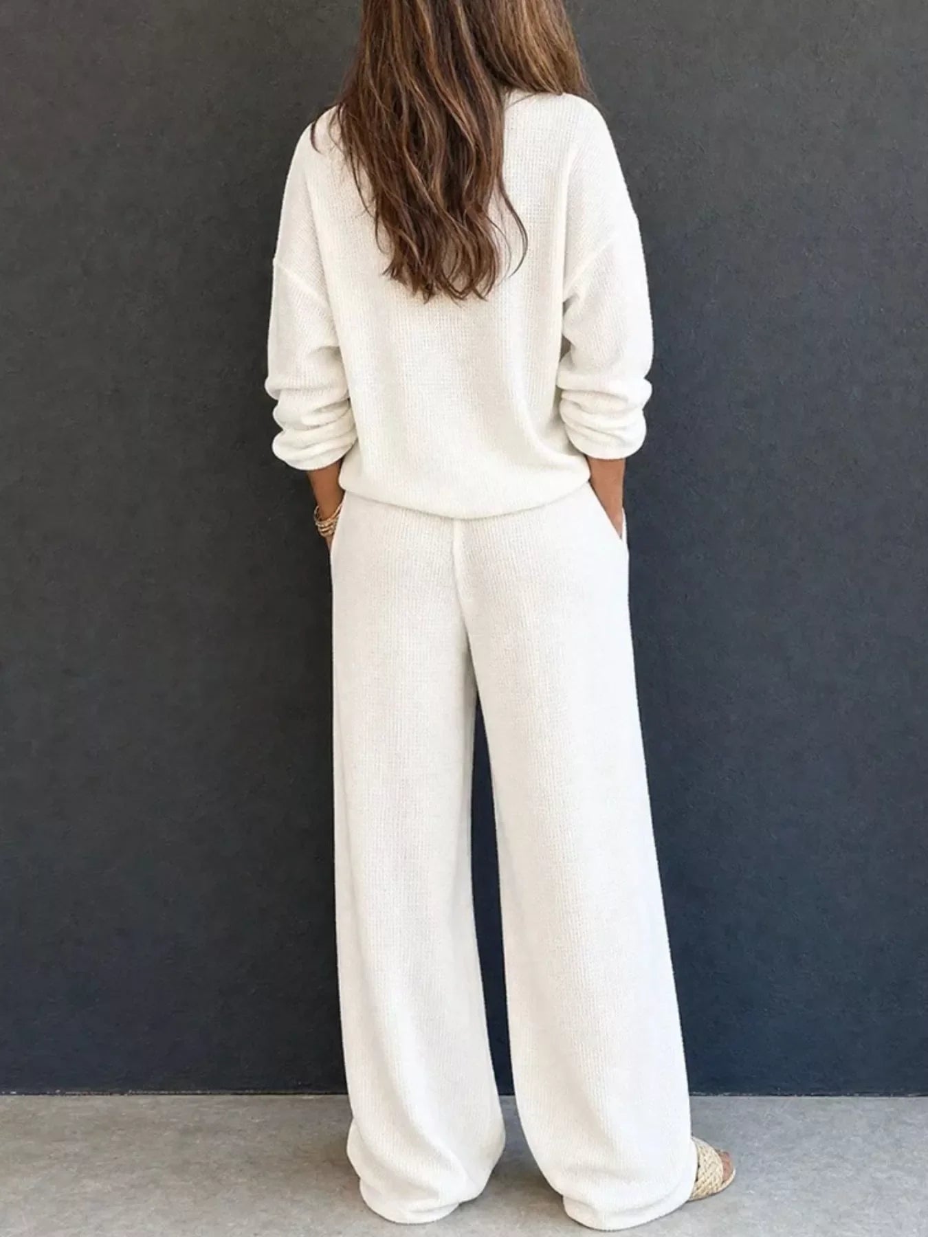 Waffle Knit Henley Top and Wide Leg Pants Set