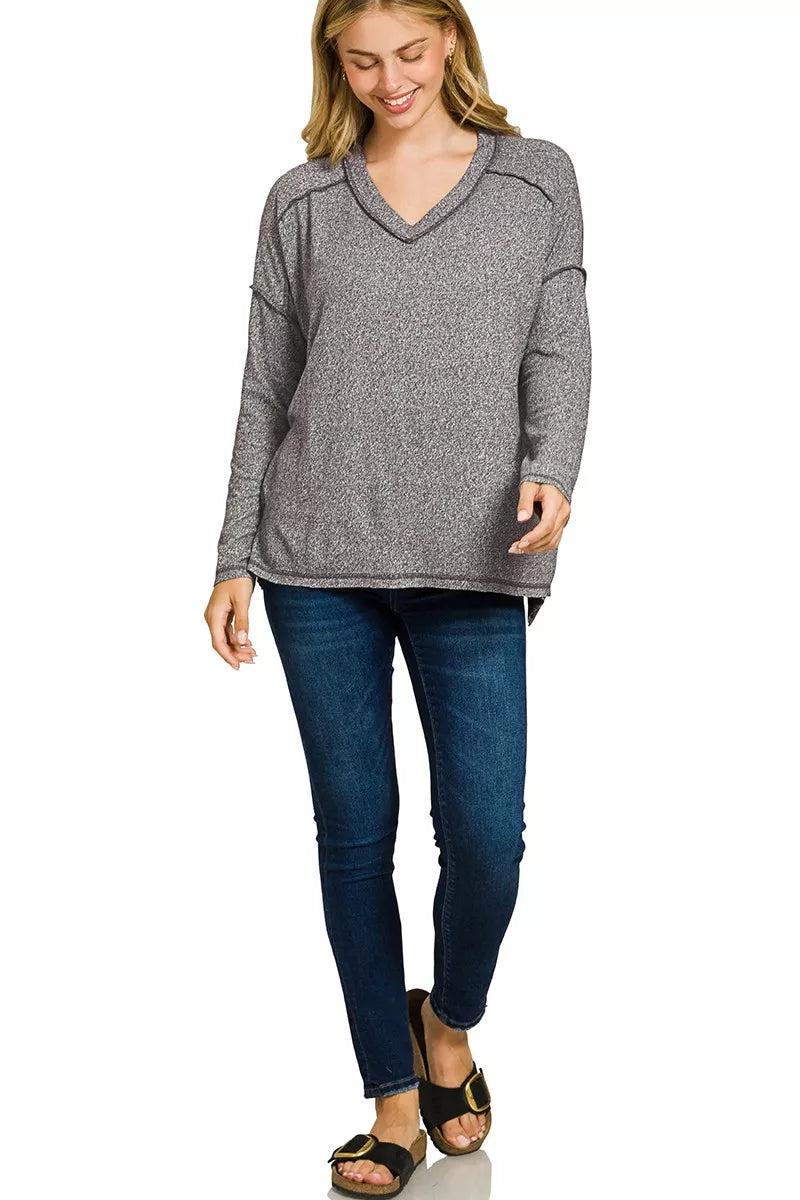 Zenana Soft Melange Hacci Exposed Seam Hi-low Tee