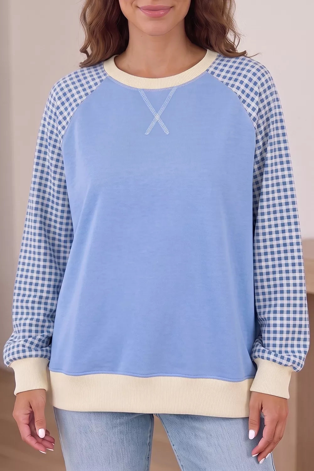 Plaid Raglan Sleeve Round Neck Sweatshirt