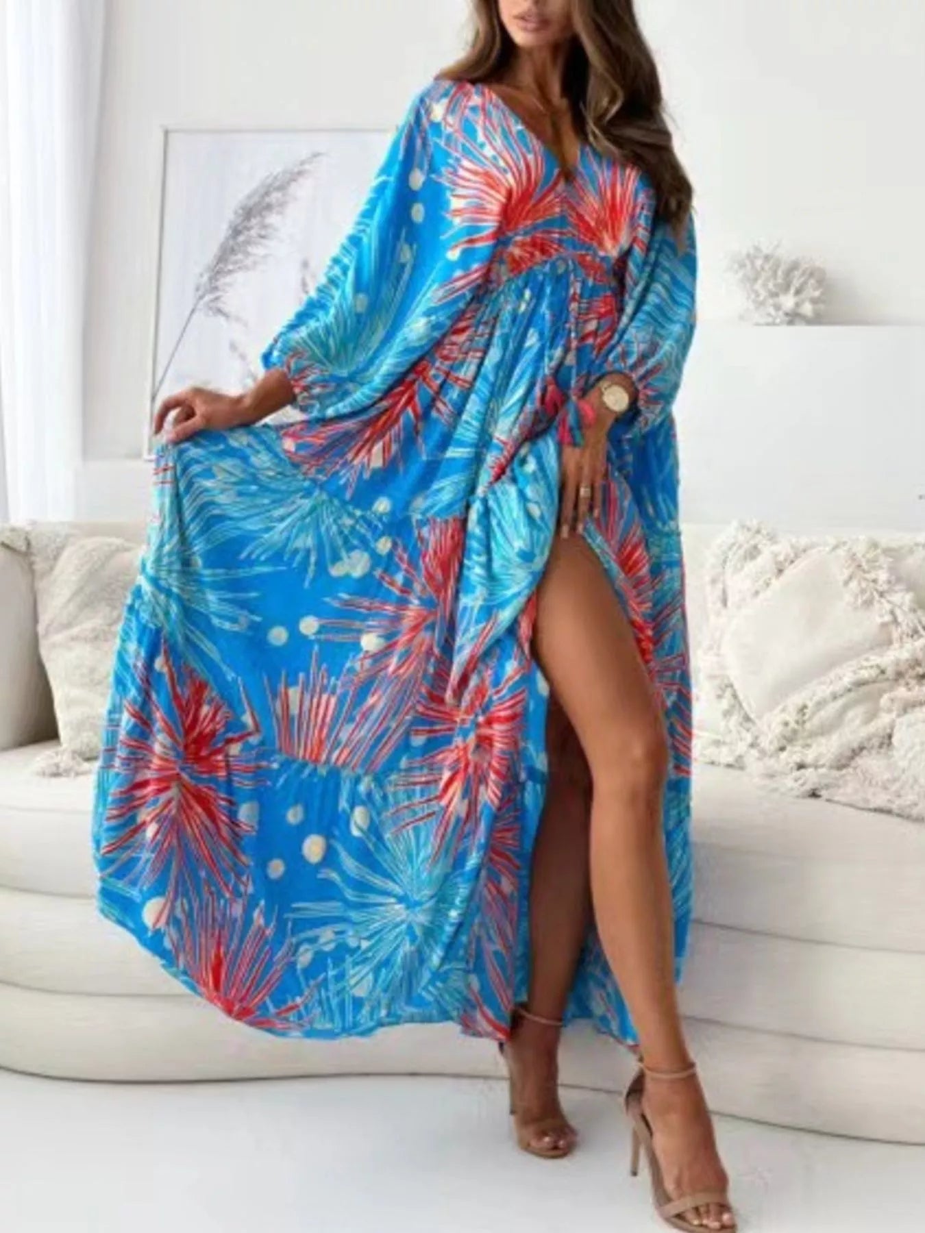 Printed V-Neck Balloon Sleeve Slit Maxi Dress