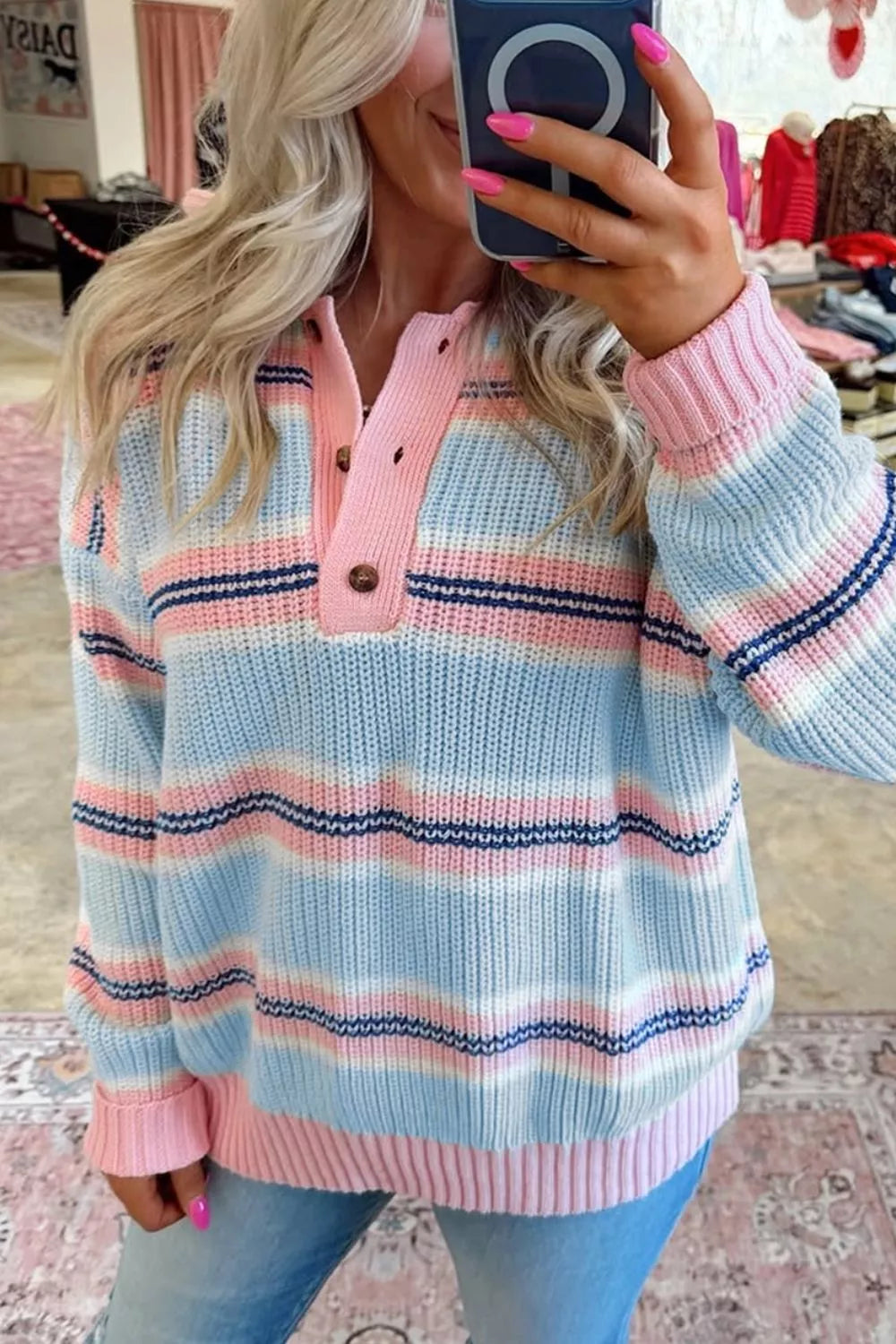 Stripe Striped Button Collar Long Sleeve Shift Fit Winter Knitwear Sweater