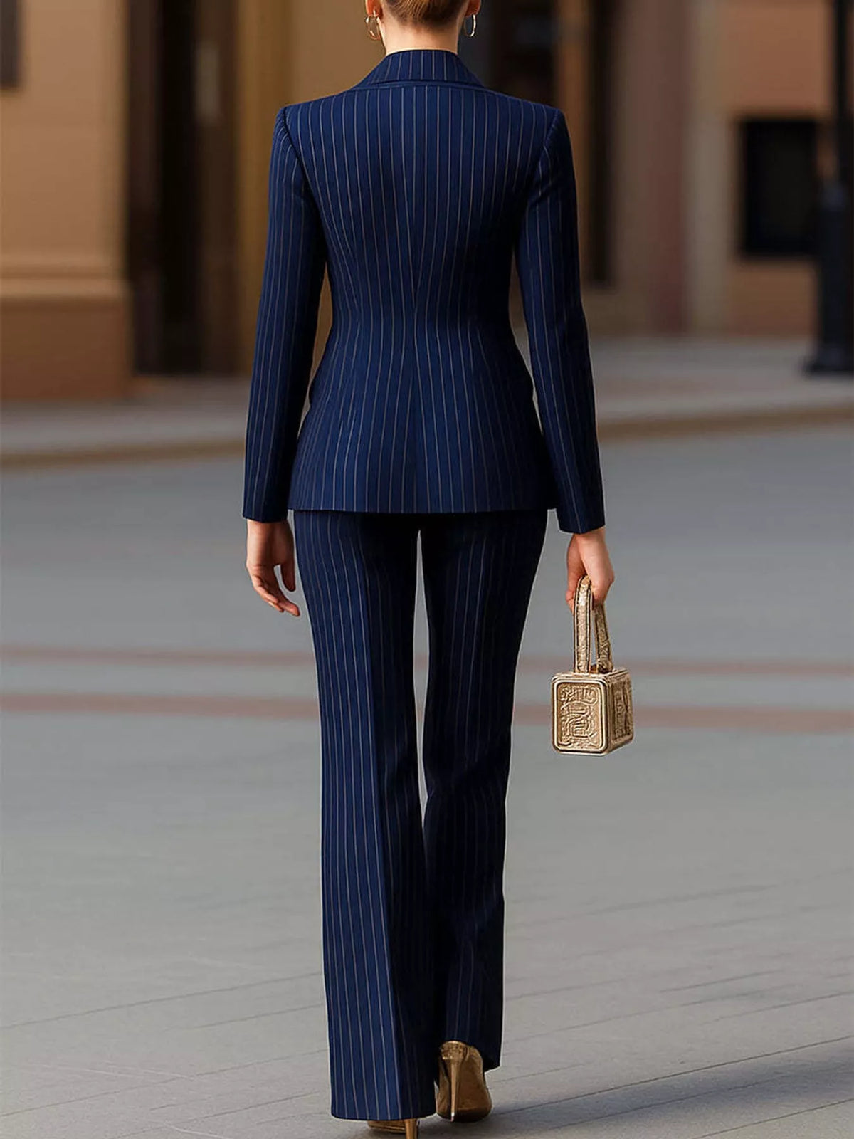 Double-Breasted Pinstripe Blazer and Wide-Leg Pants Set