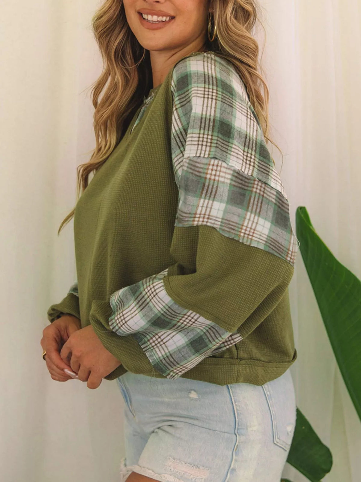 Plaid Patch Waffle Knit Exposed Seam Bubble Sleeve Top