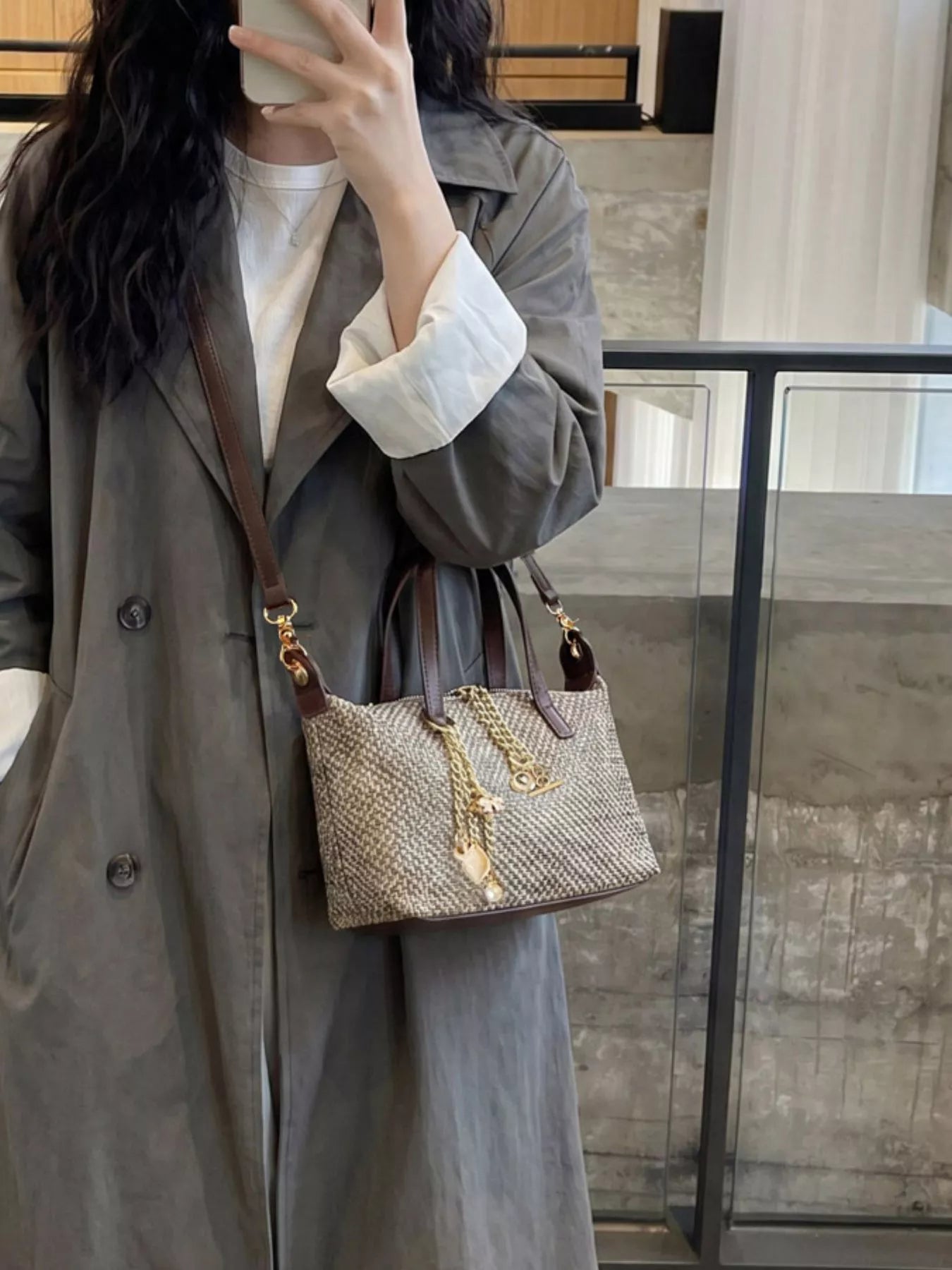 Woven Crossbody Bag with Gold Chain Accents