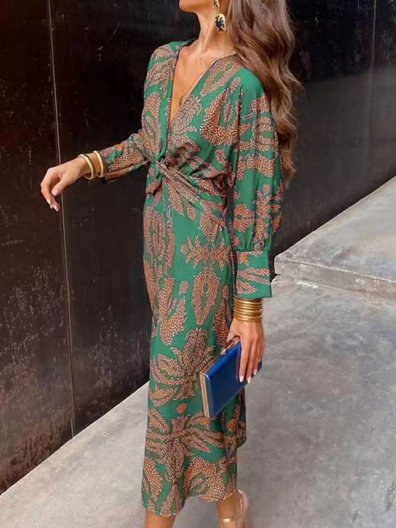 Full Size Printed V-Neck Long Sleeve Twisted Midi Dress Plus Size