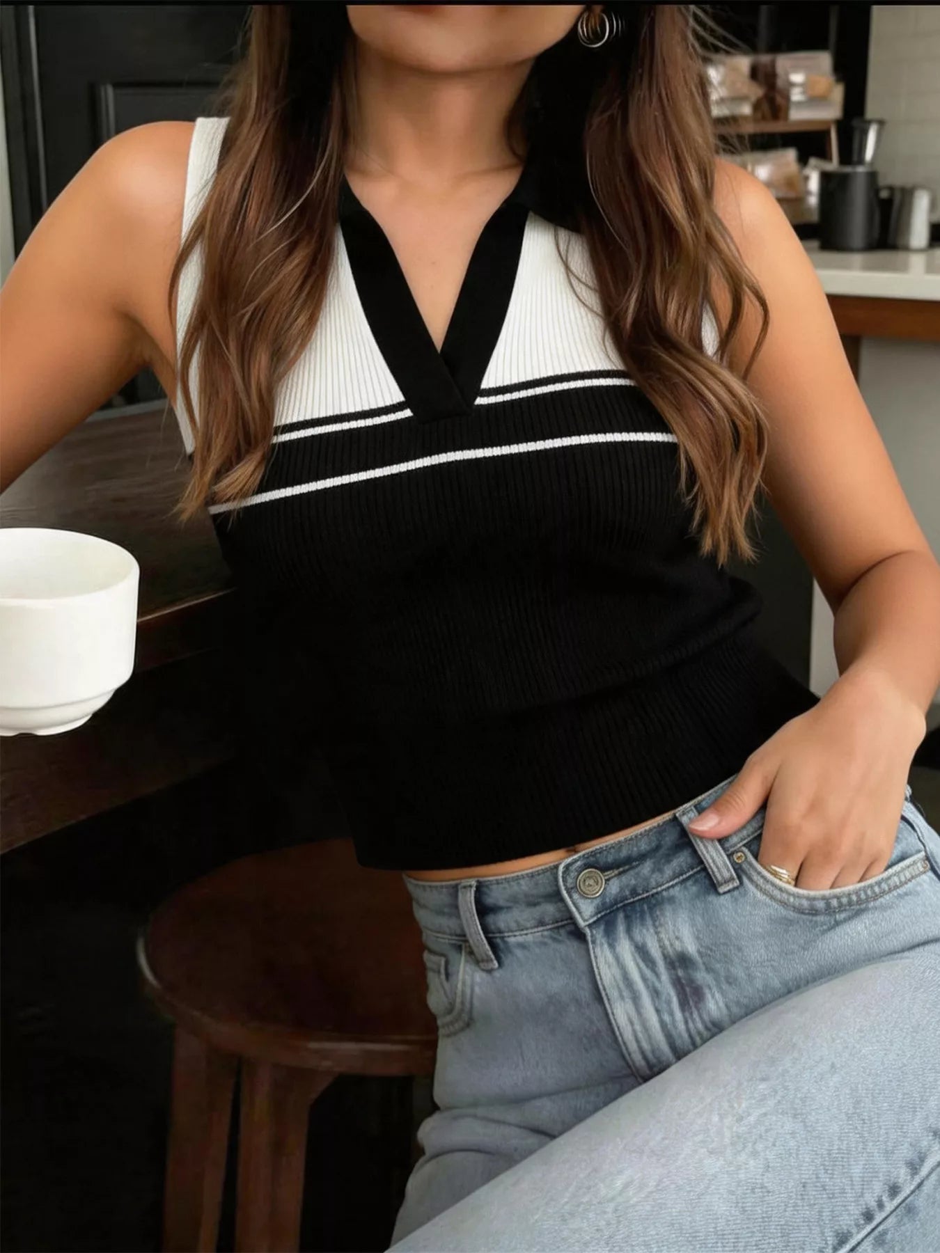 Contrast Collar Striped Knit Sweater Vest