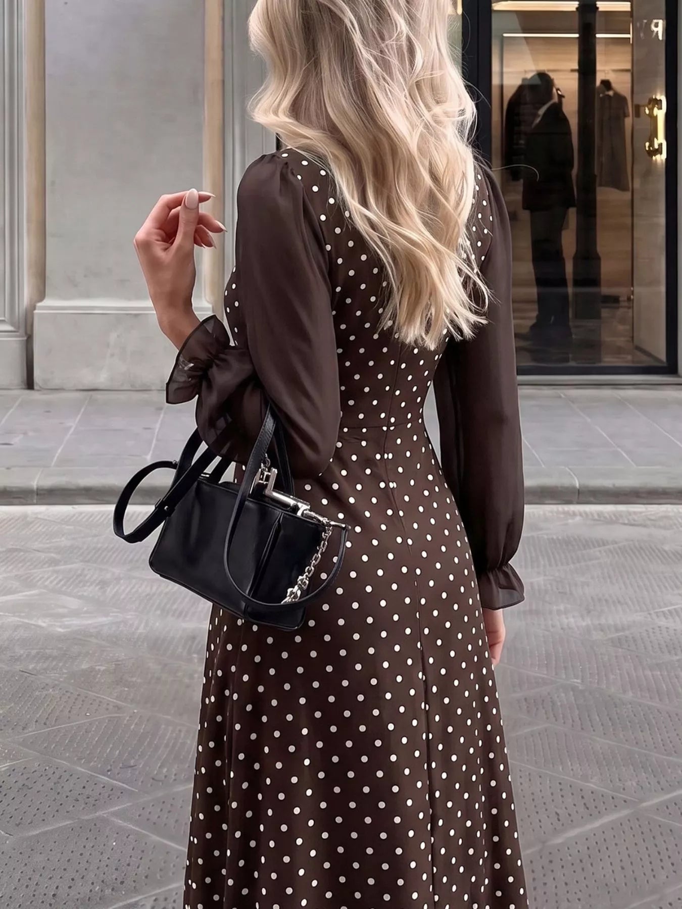 Polka Dot Square Neck Long Sleeve Maxi Dress