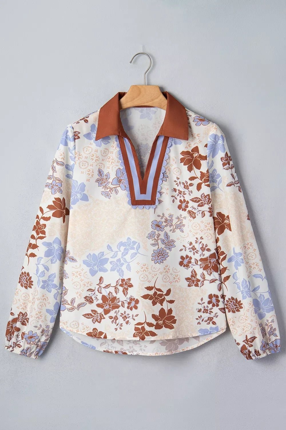 Floral Print Colorblock V Neck Long Sleeve Blouse