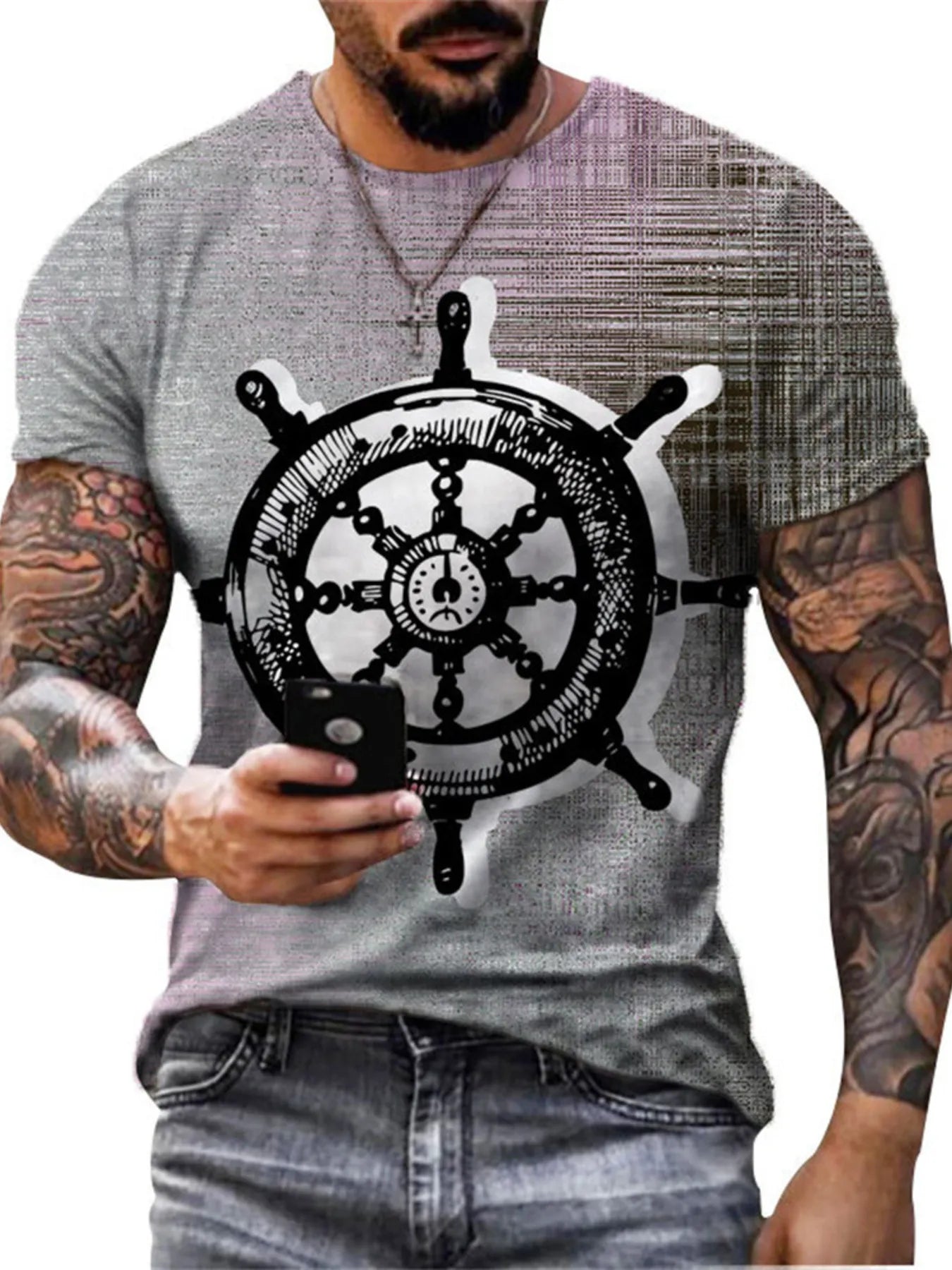 Men's Full Size Artistic Compass Graphic Round Neck T-Shirt Plus Size