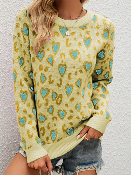 Heart Round Neck Long Sleeve Sweater