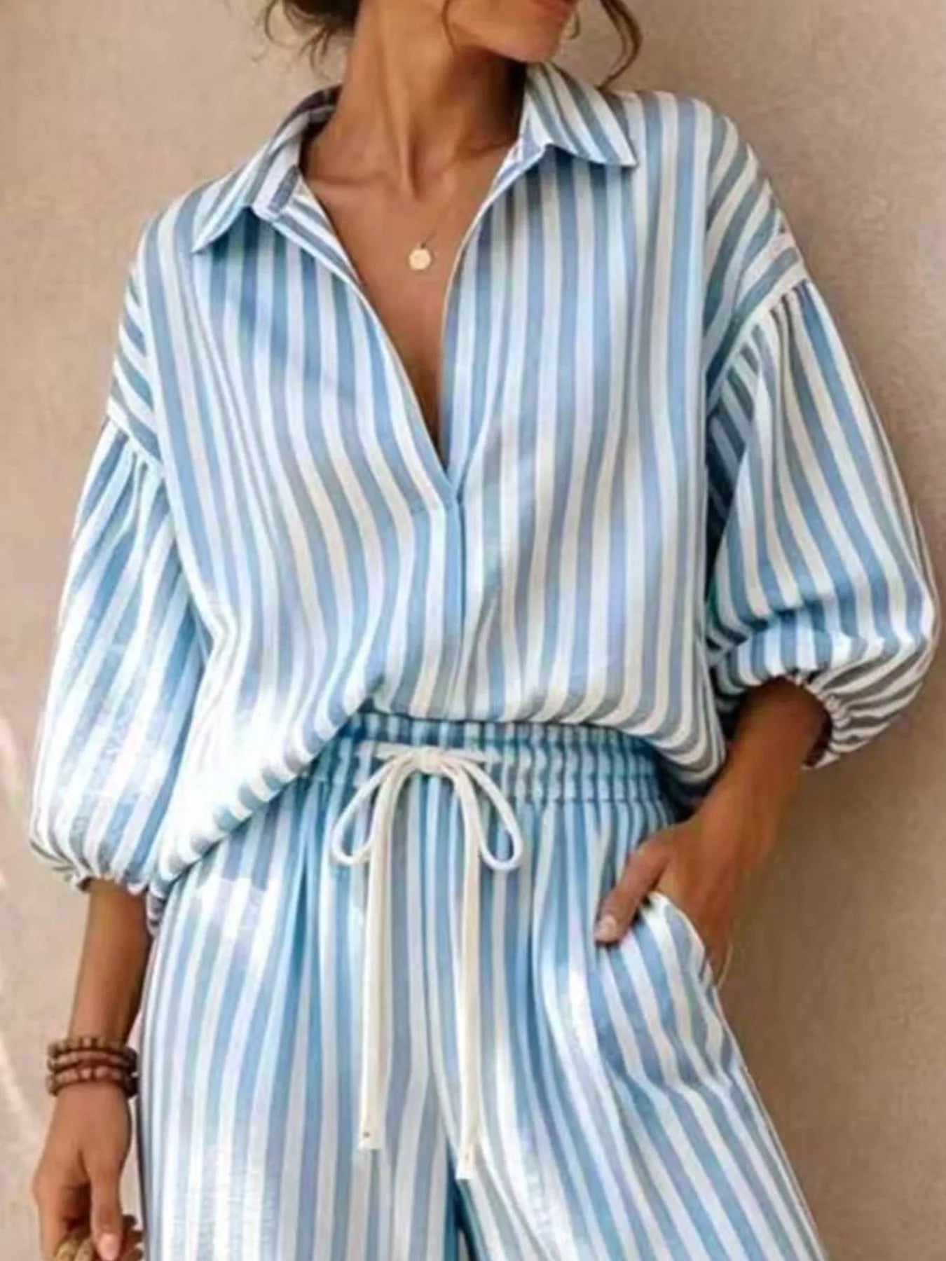 Full Size Striped Puff Sleeve Shirt and Wide-Leg Drawstring Pants Set Plus Size