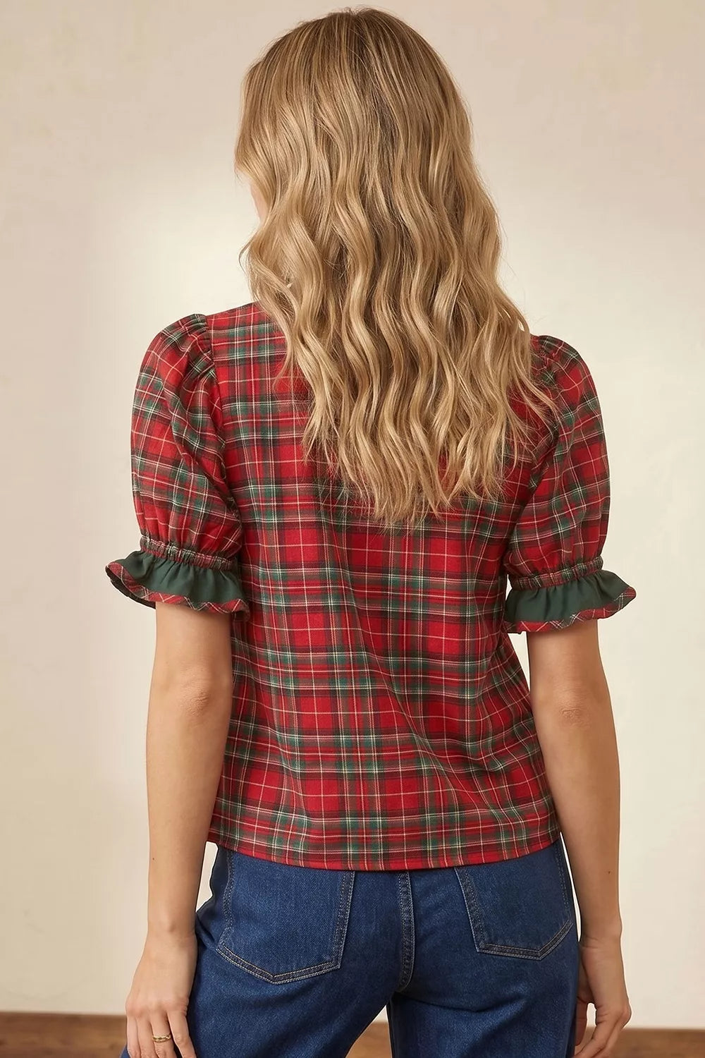 Plaid V Neck Ruffle Color Block Trim Short Sleeve Shirt