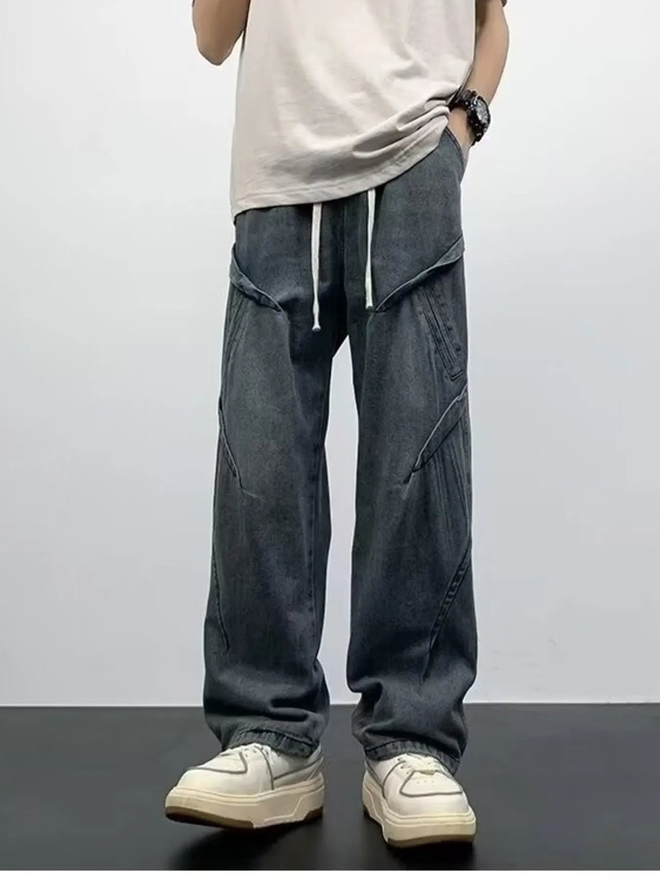 Men's Full Size Drawstring Waist Wide Leg Jeans Plus Size