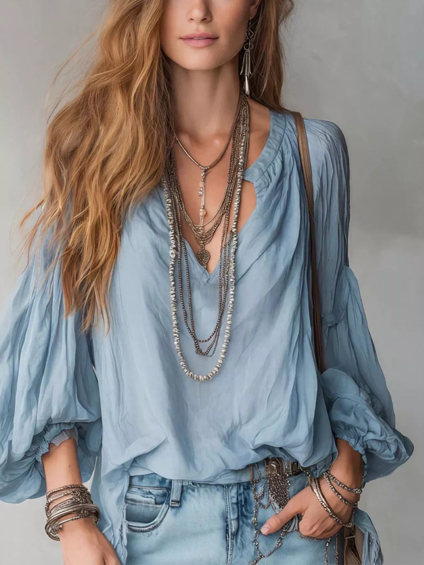 Notched Balloon Sleeve Blouse