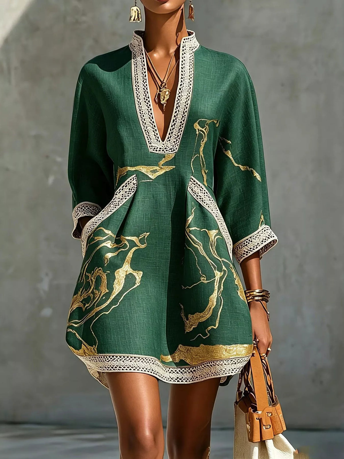 Notched 3/4 Sleeve Mini Dress