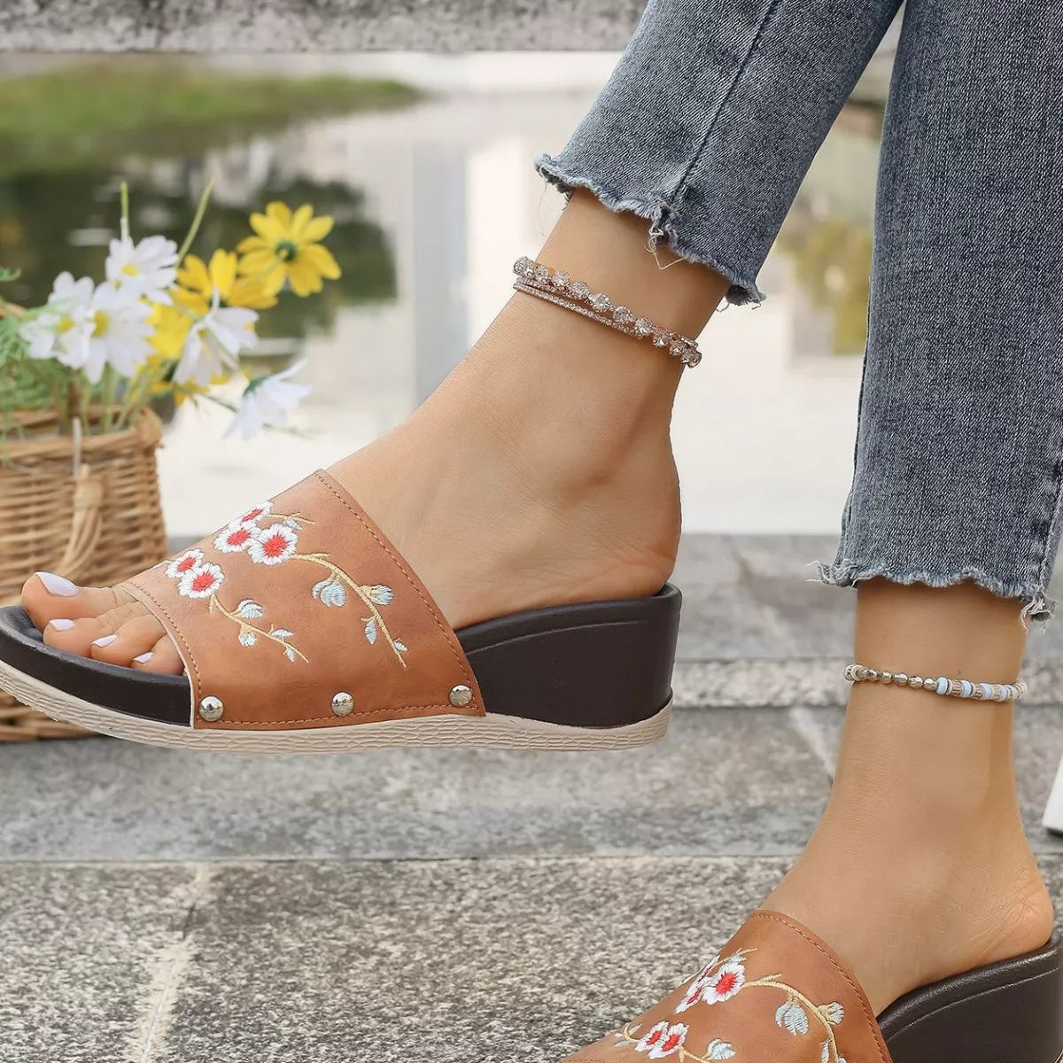 Floral Embroidered Wedge Sandals