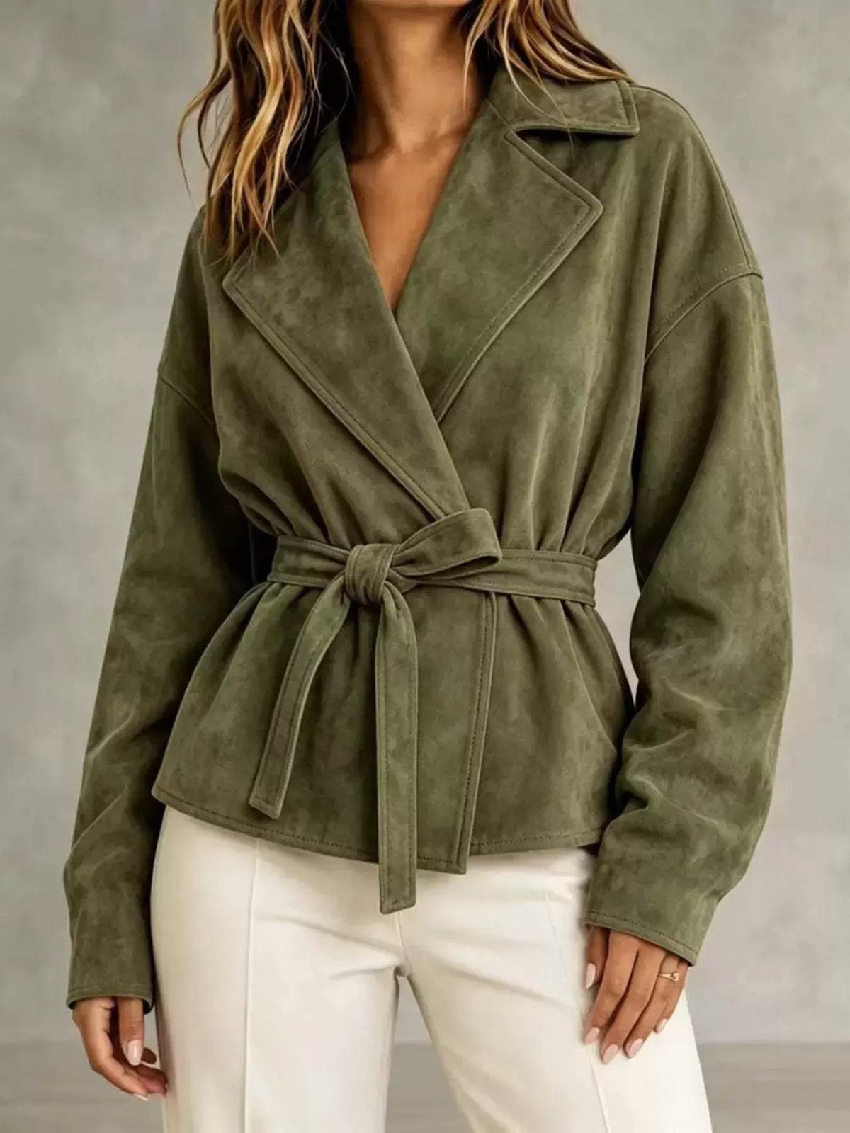 Tie-Waist Lapel Collar Jacket