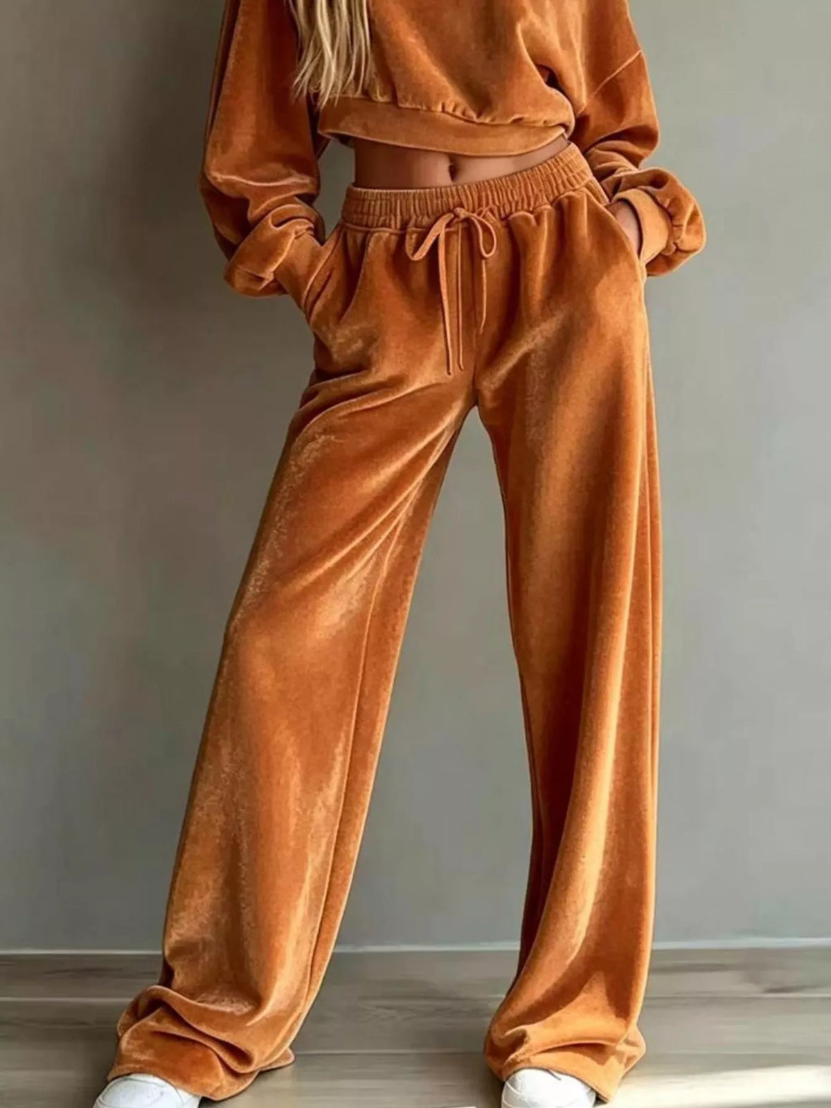 Full Size Cropped Sweatshirt and Wide-Leg Pants Set Plus Size