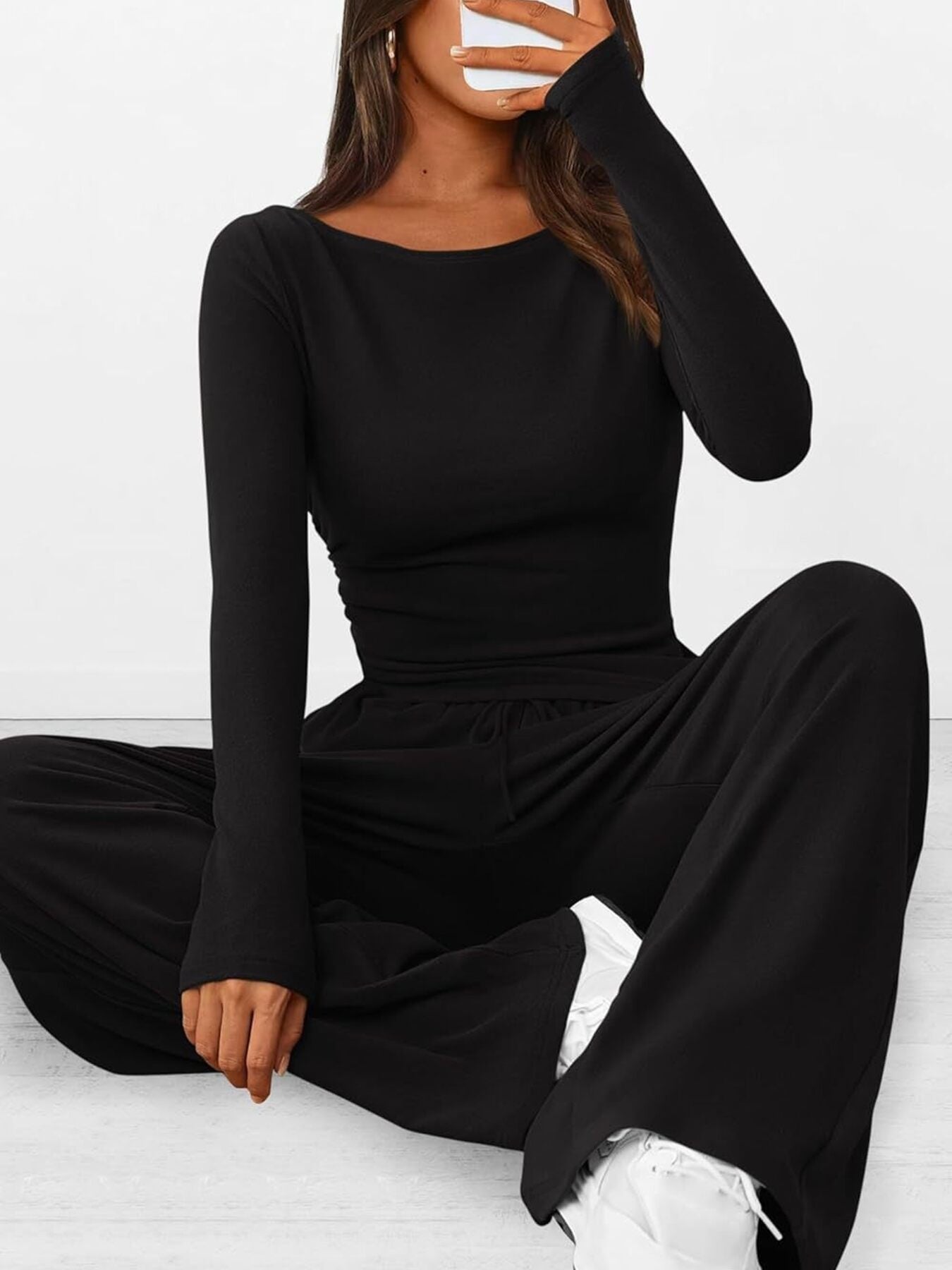 Round Neck Long Sleeve Top and Pants Set