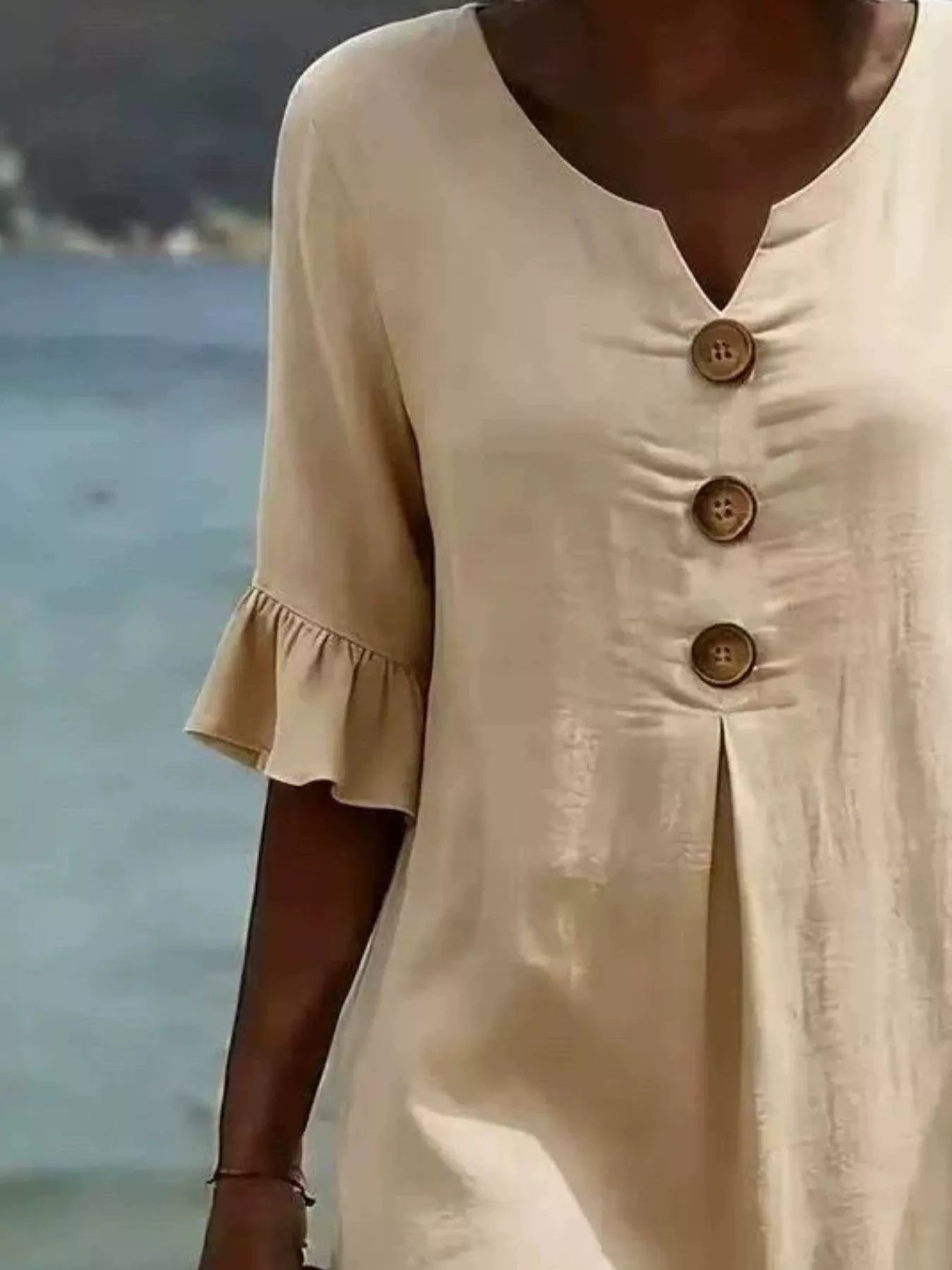 Full Size Casual Decor Button Dress with Ruffle Sleeves Plus Size