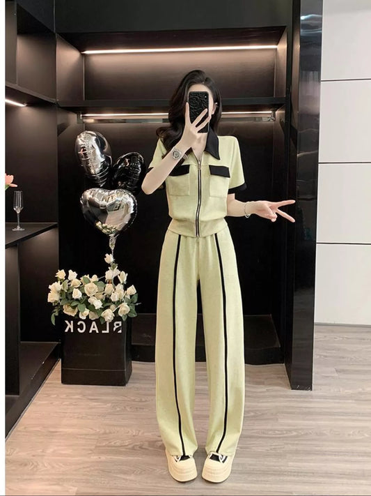 Contrast Zip Up Top and Wide-Leg Pants Set