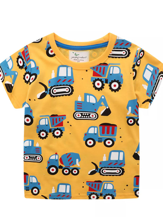 Children's Construction Vehicle Print Crew Neck Short Sleeve T-Shirt